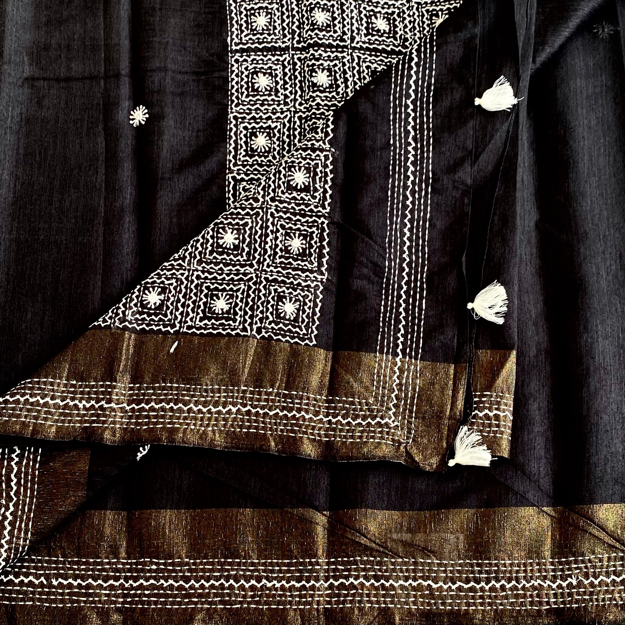 Midnight Black Soft Tussar Silk Saree With Antique Gold Border