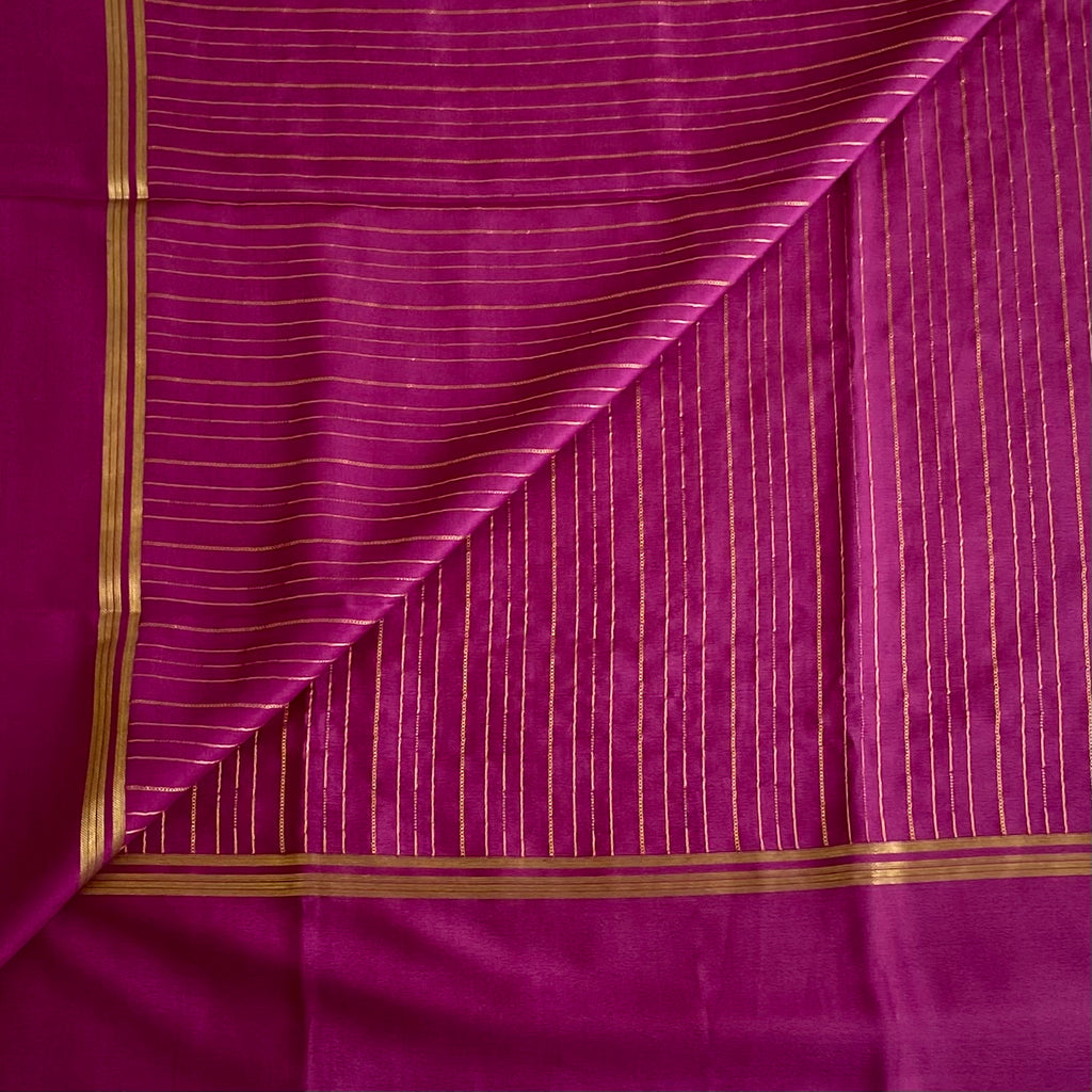 Plum Purple Mysore Crepe Silk Saree With Antique Gold Stripes