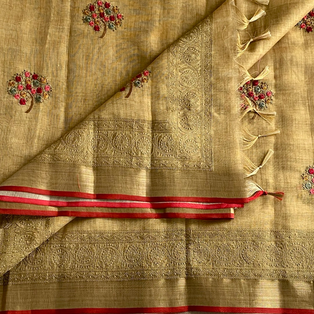 Mustard Gold Soft Linen Embroidered Beauty With Crimson Red Border