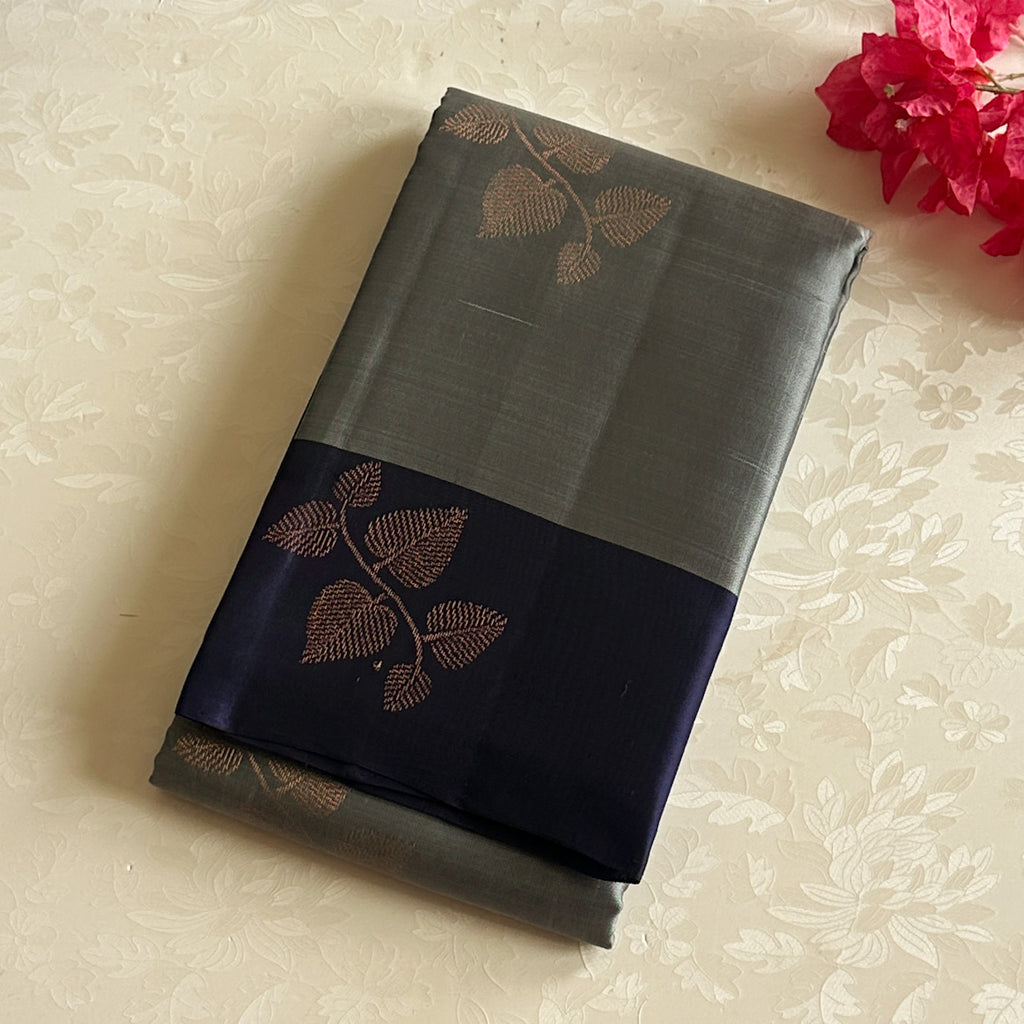 Deep Violet Pale Steel Blue Saree With Copper Leaf Zari