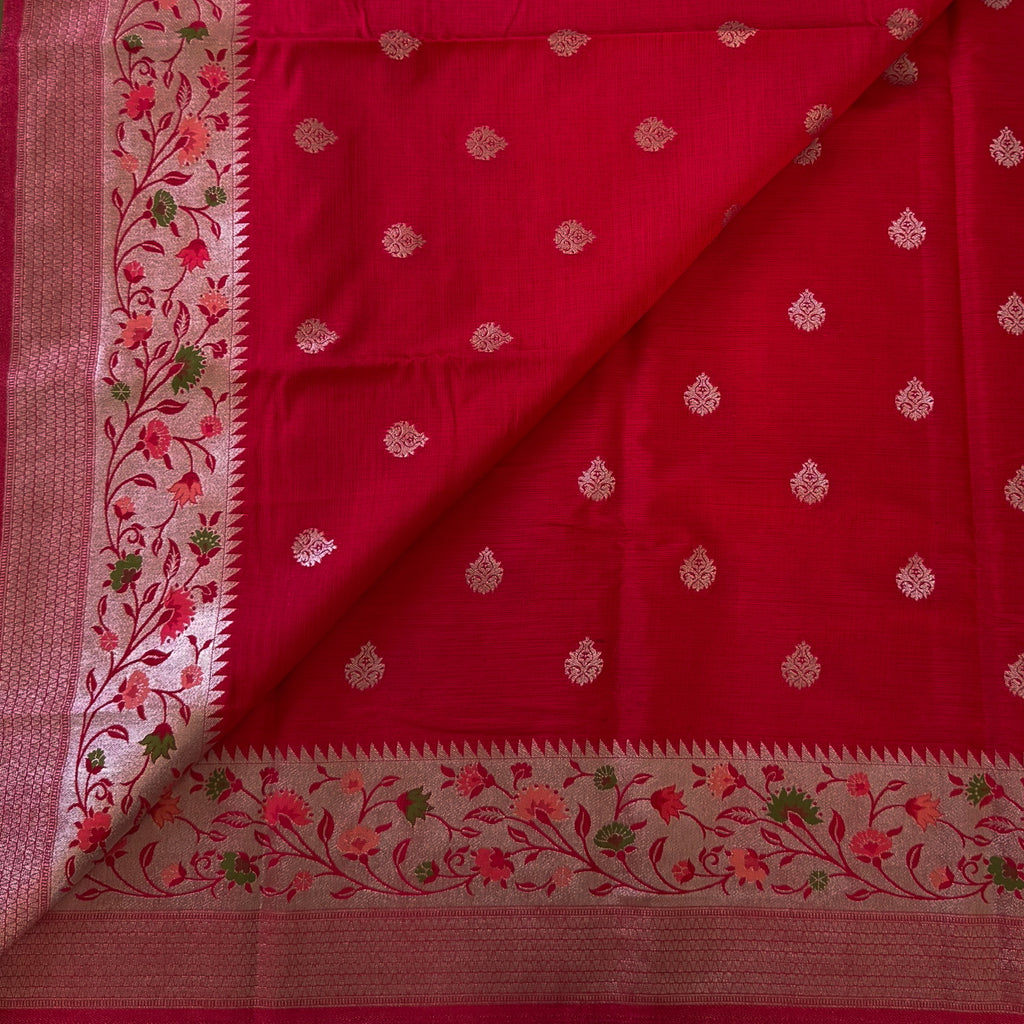 Fuchsia Brocade Silk Saree With Golden Floral Pallu And Tassels