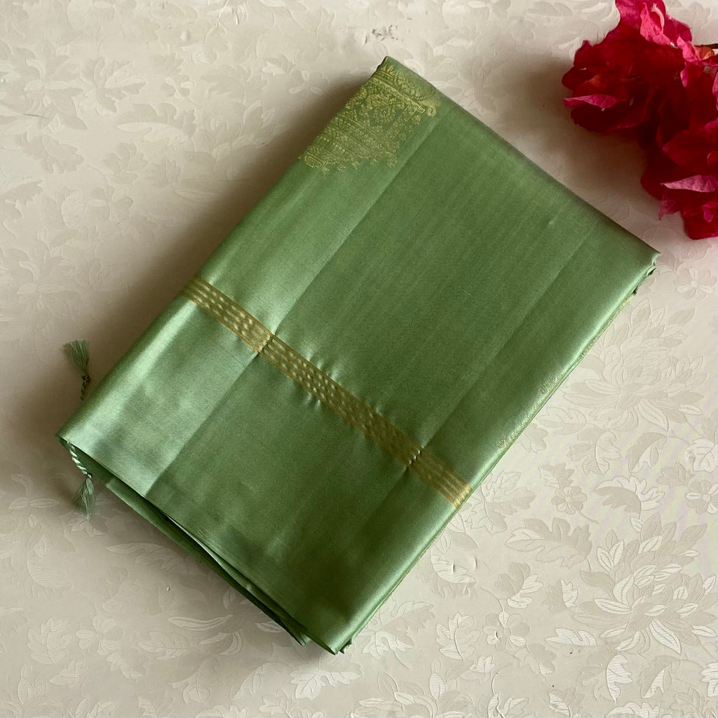 Mint Green Designer Pure Silk Saree With Antique Gold Zari