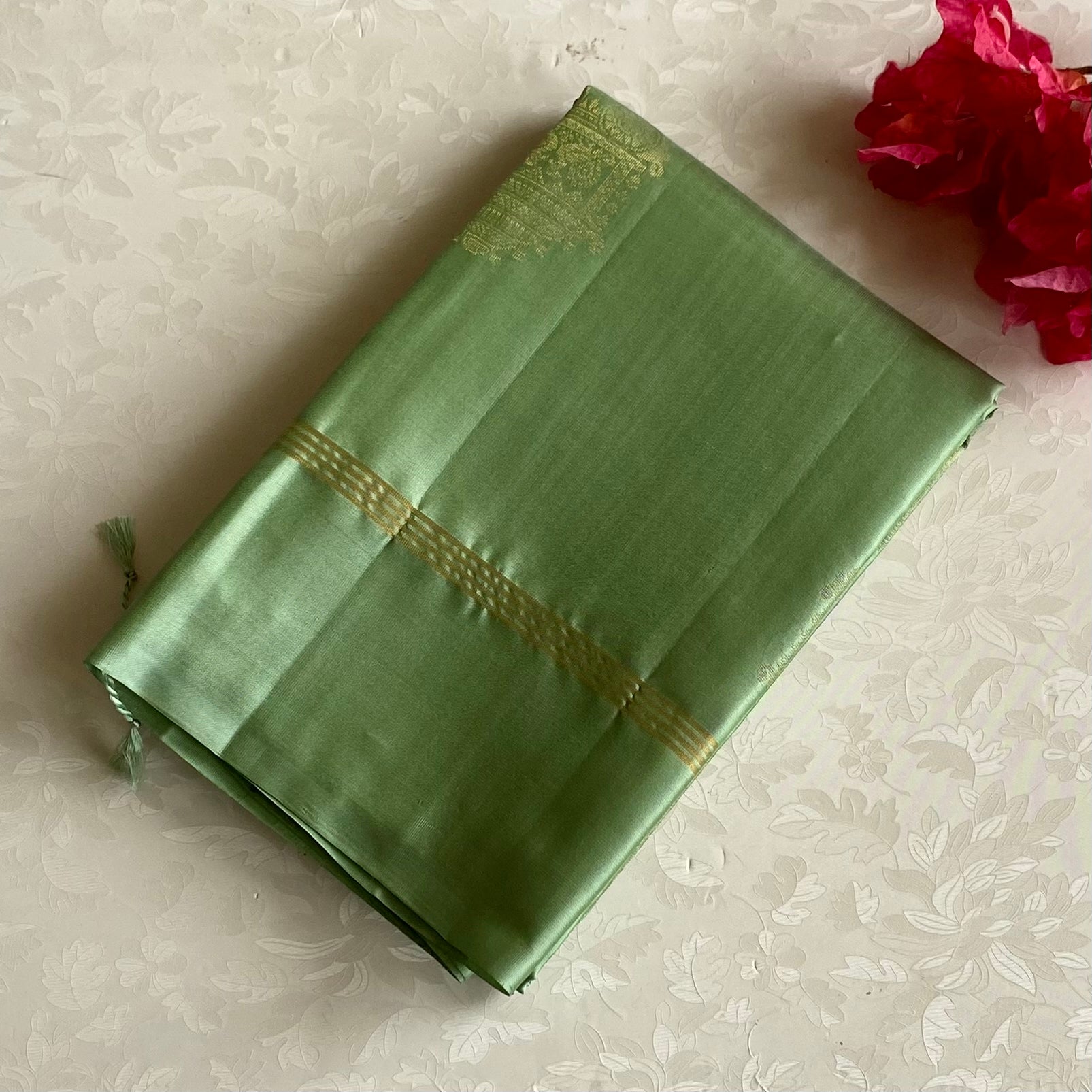Mint Green Designer Pure Silk Saree With Antique Gold Zari