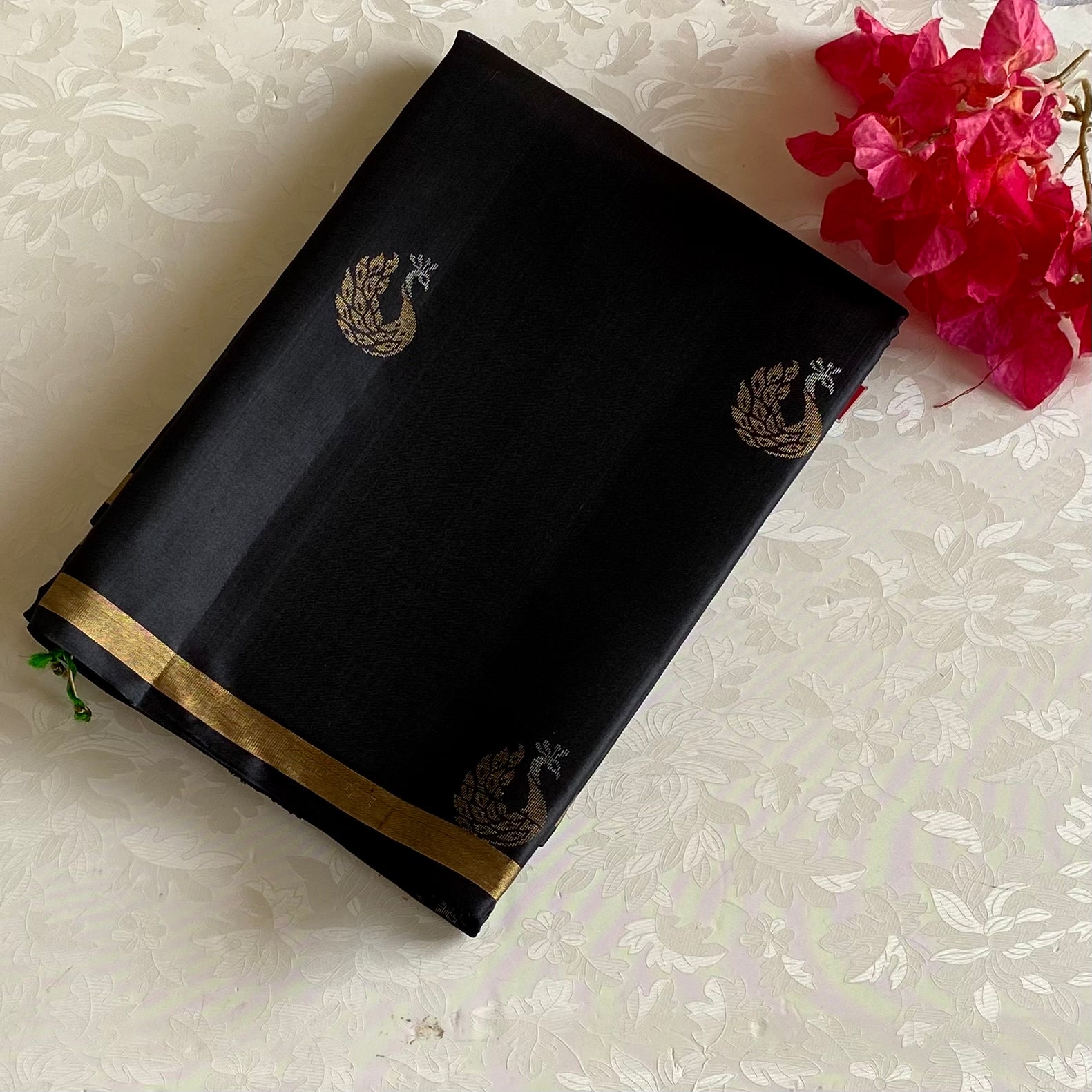 Jet Black Designer Pure Silk Saree With Sea Green Pallu