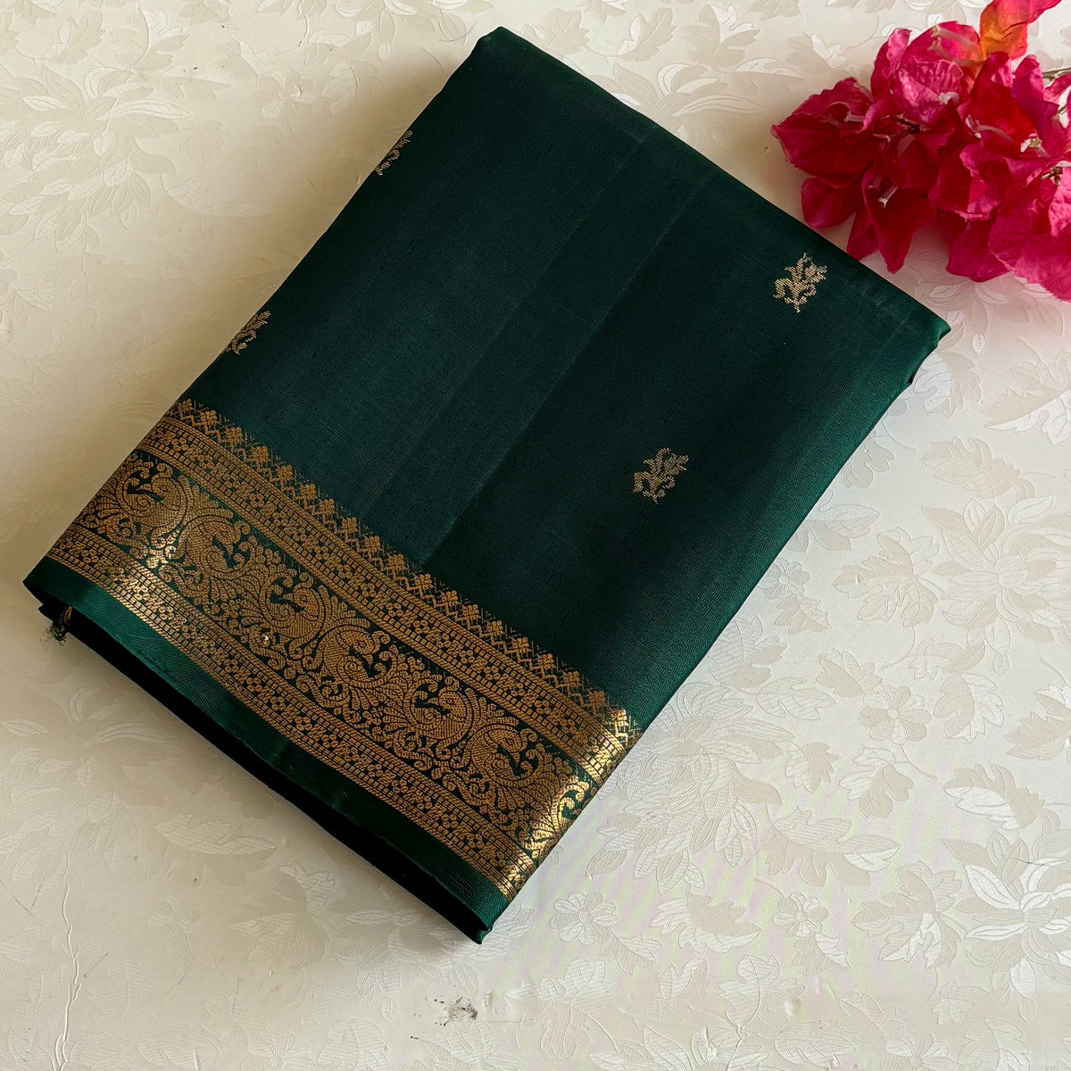 Deep Teal Green Designer Pure Silk Saree With Antique Gold Pallu