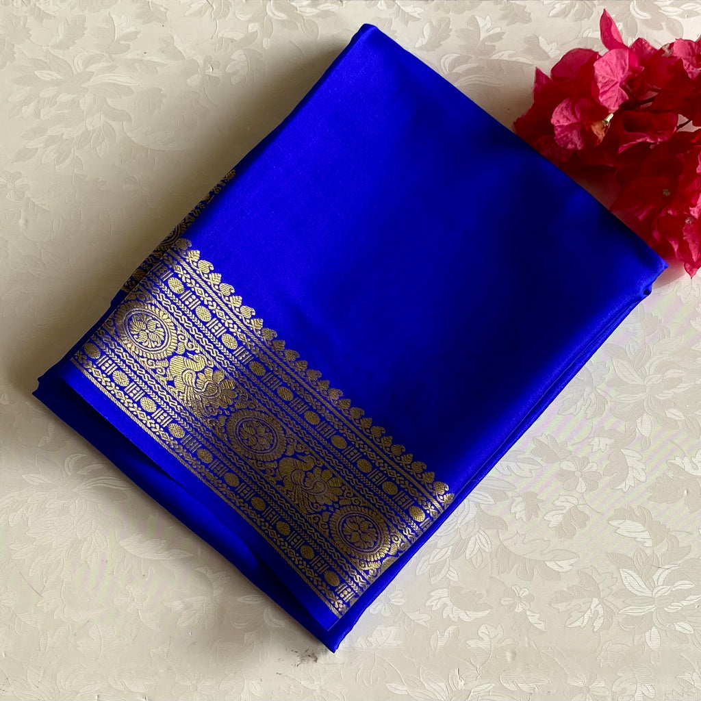 MS Blue Mysore Crepe Silk Saree With Metallic Gold Border
