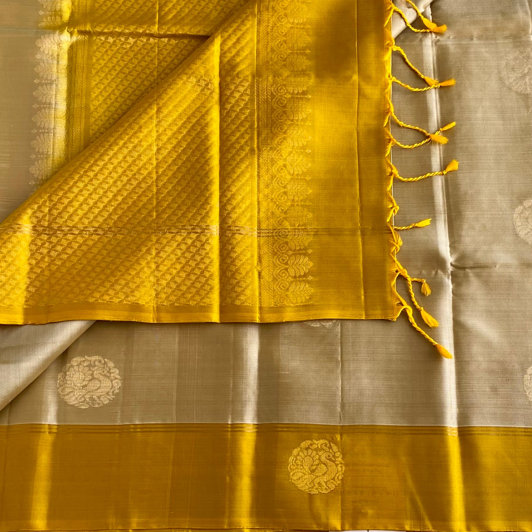 Champagne Beige Designer Pure Silk Saree With Golden Yellow Pallu