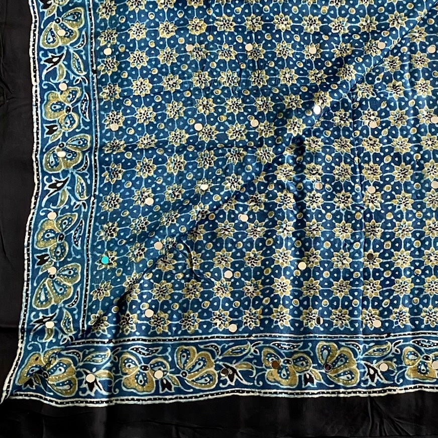 Denim Blue Ajrakh Handblock Printed Silk with Mirror Handwork With Jet Black Border