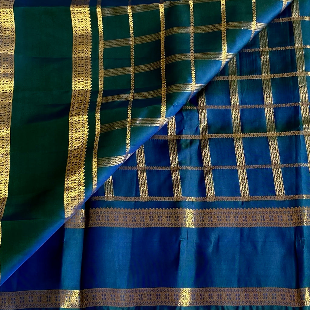 Peacock Blue Designer Pure Silk Saree With Rich Checkered Zari Weave