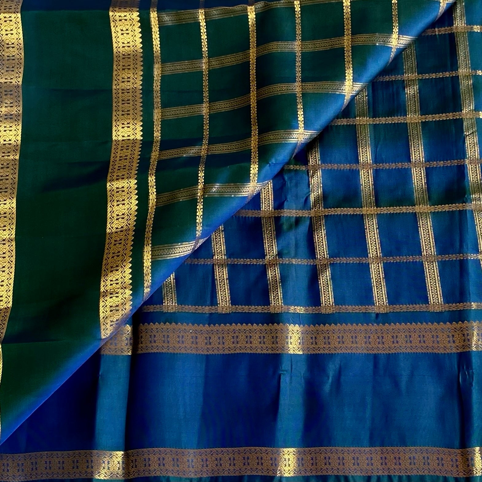 Peacock Blue Designer Pure Silk Saree With Rich Checkered Zari Weave