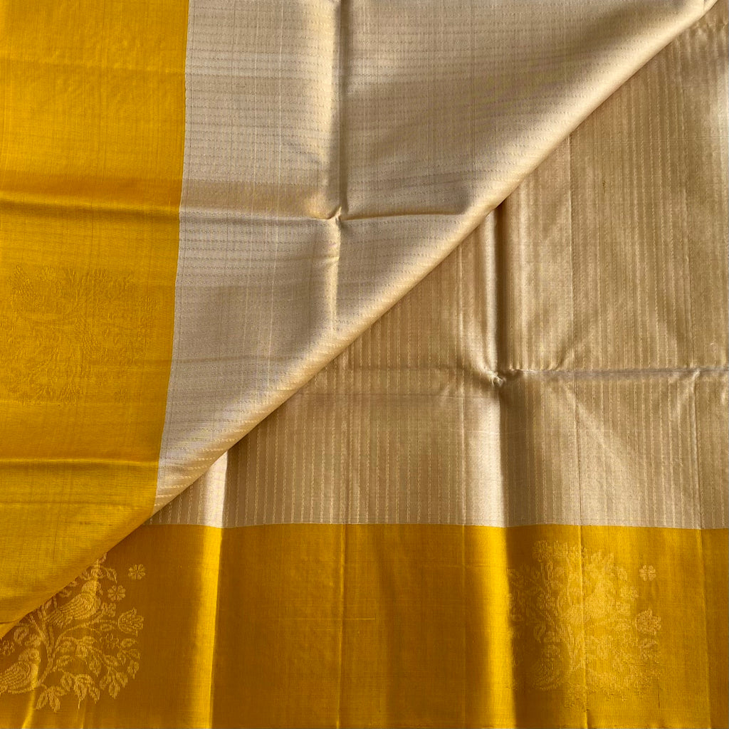Champagne Beige Designer Pure Silk Saree With Mustard Yellow Pallu