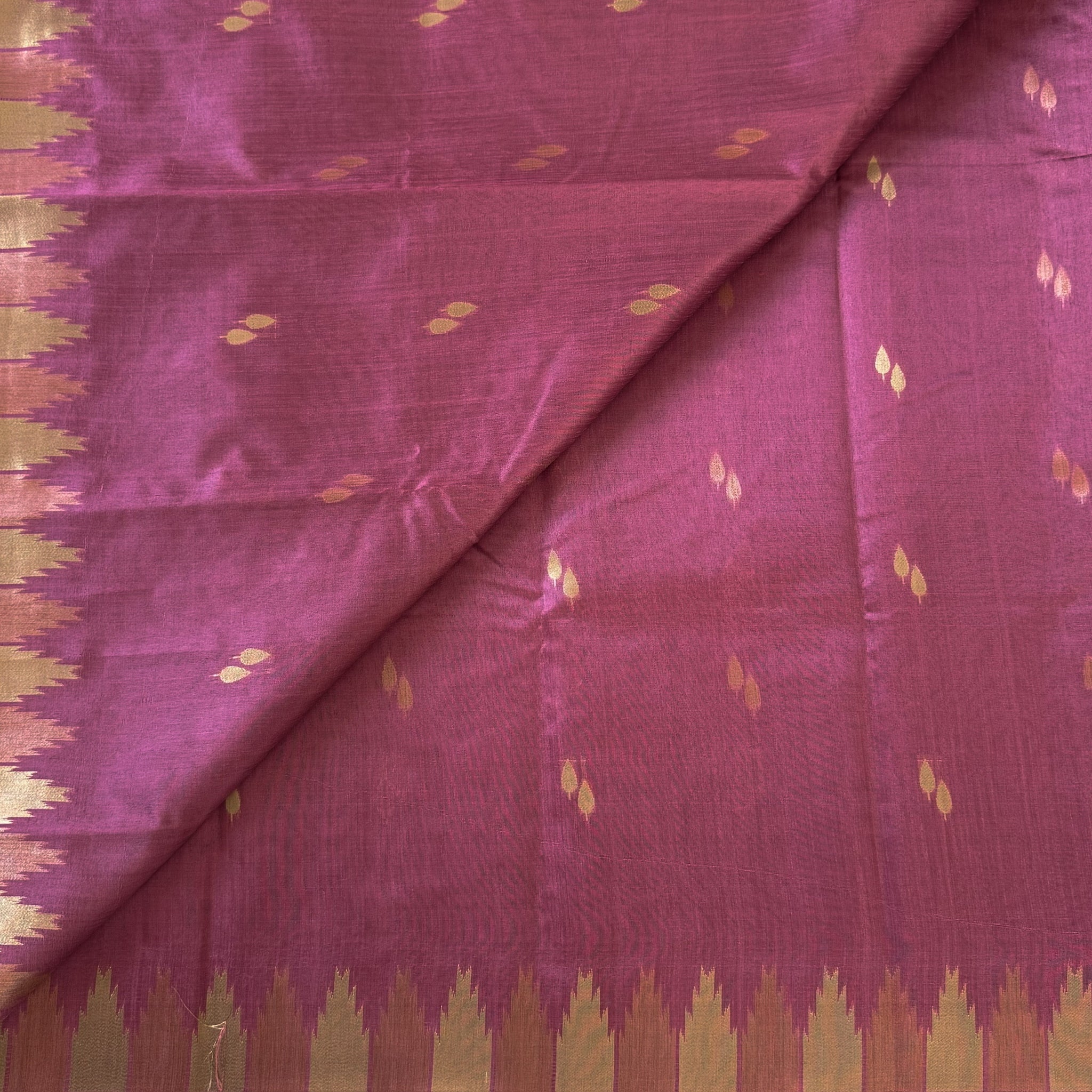 Deep Magenta Ikat Silk Saree With Gold Zari Border Tassels