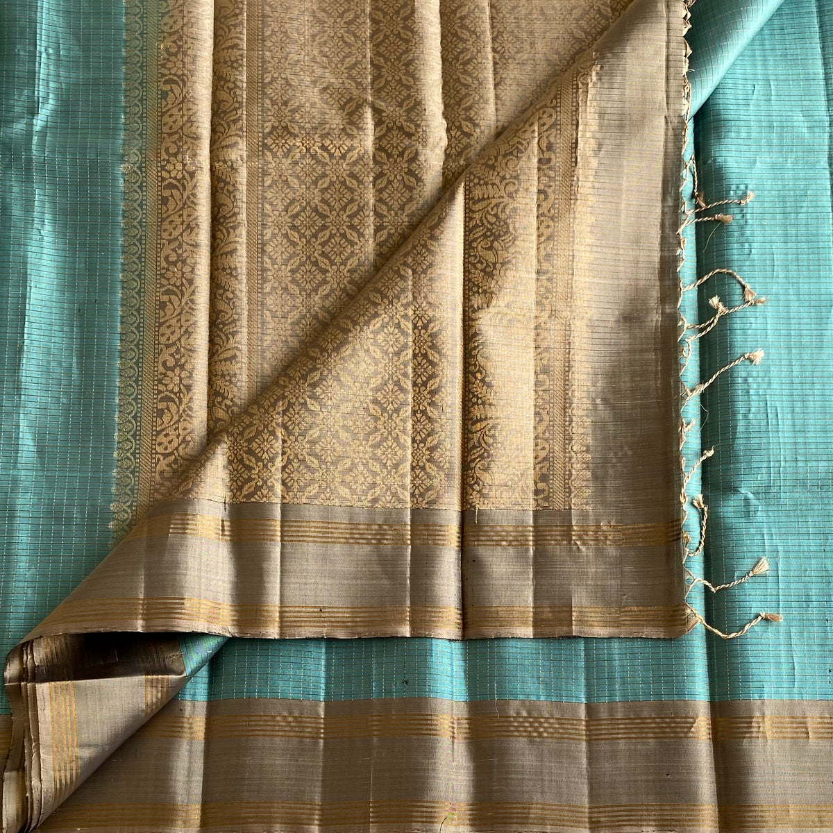 Peacock Teal Designer Pure Silk Saree With Smoky Taupe Pallu