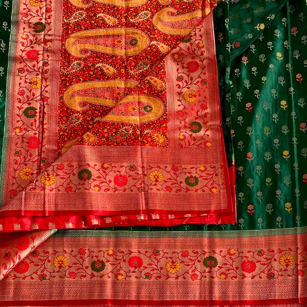 Crimson Fuchsia Paisley Silk Saree Forest Green Floral Border Elegant