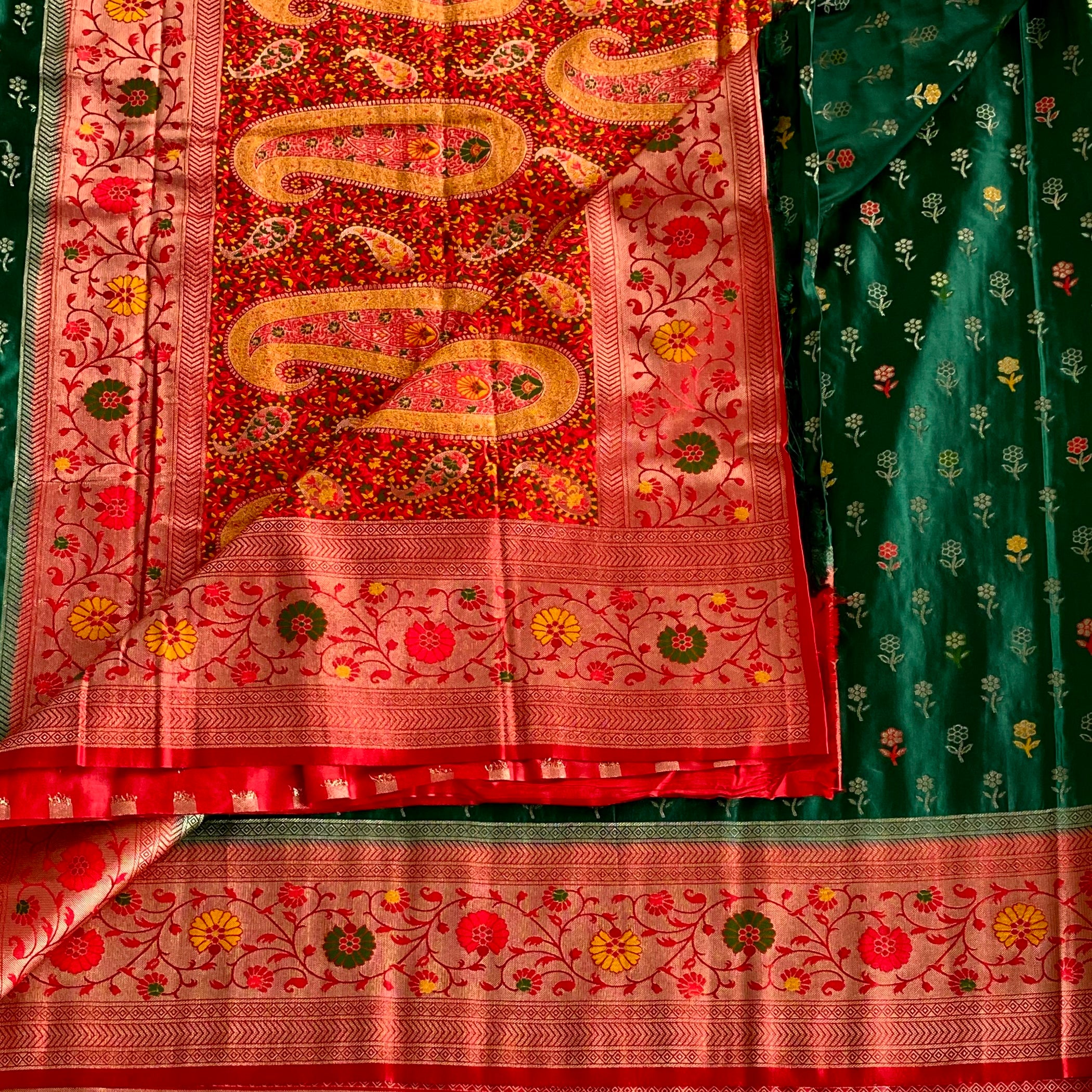 Crimson Fuchsia Paisley Silk Saree Forest Green Floral Border Elegant