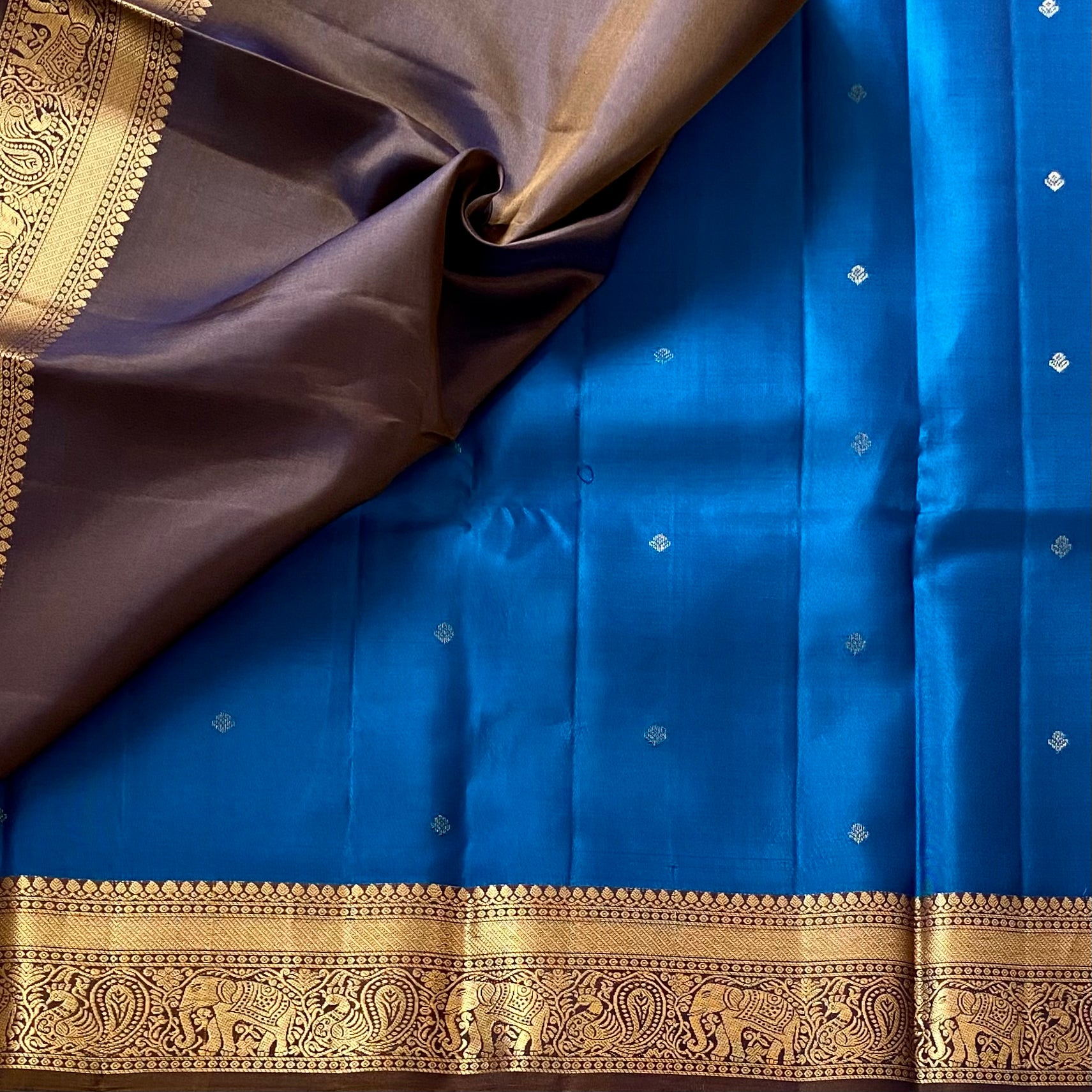 Cobalt Blue Designer Pure Silk Saree Bronze Brown Contrast Pallu