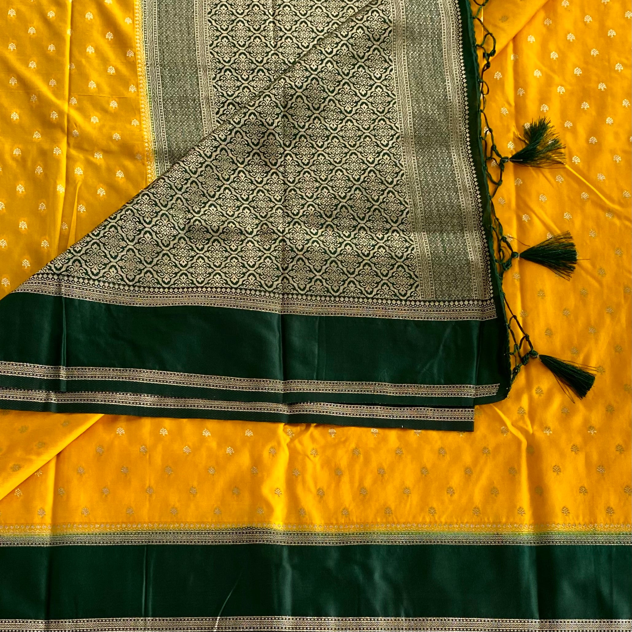 Mustard Green Zari Brocade Silk Saree With Tassel Border Elegant