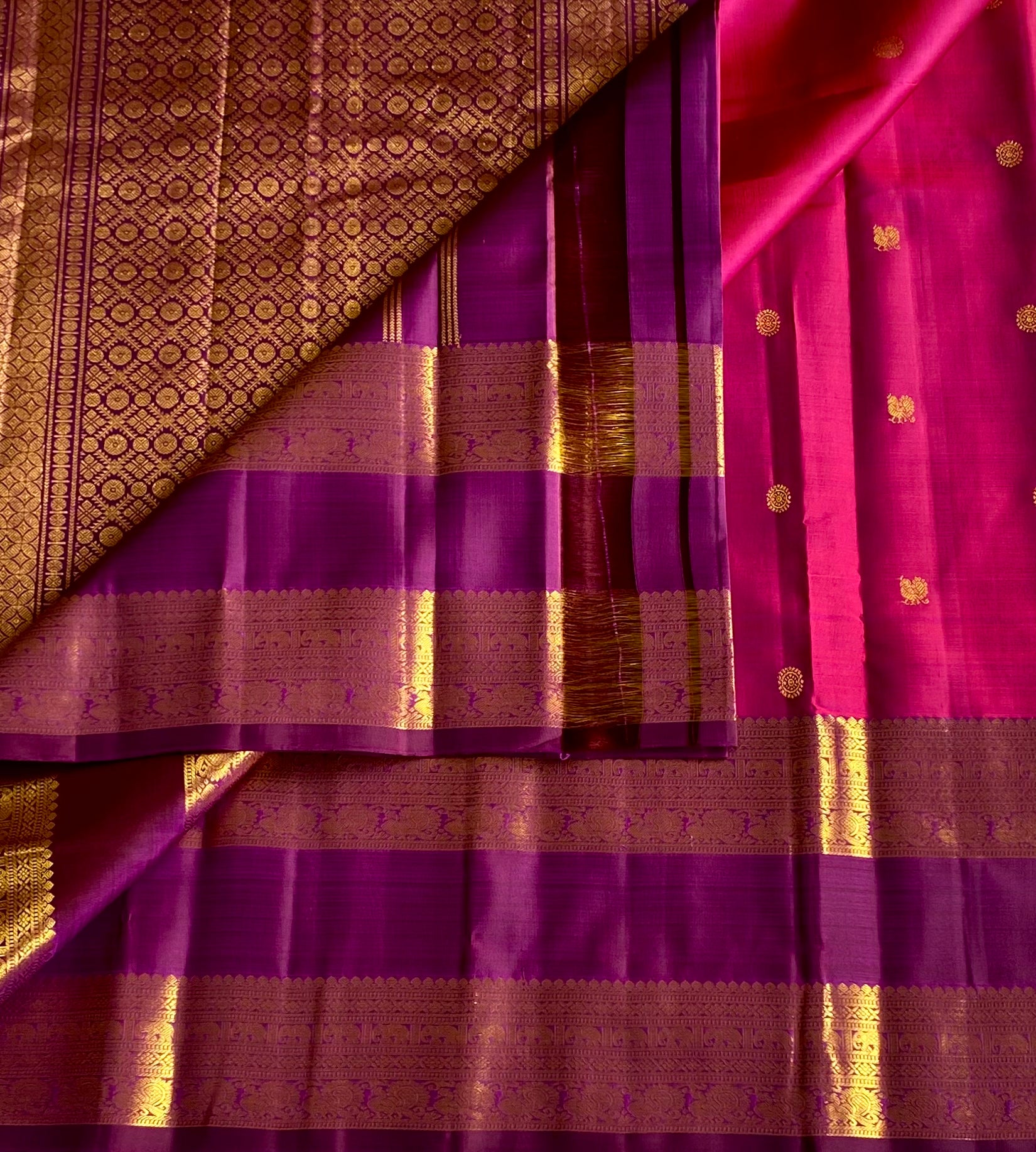 Magenta Plum Silk Saree Gold Brocade Floral Buta Woven Border