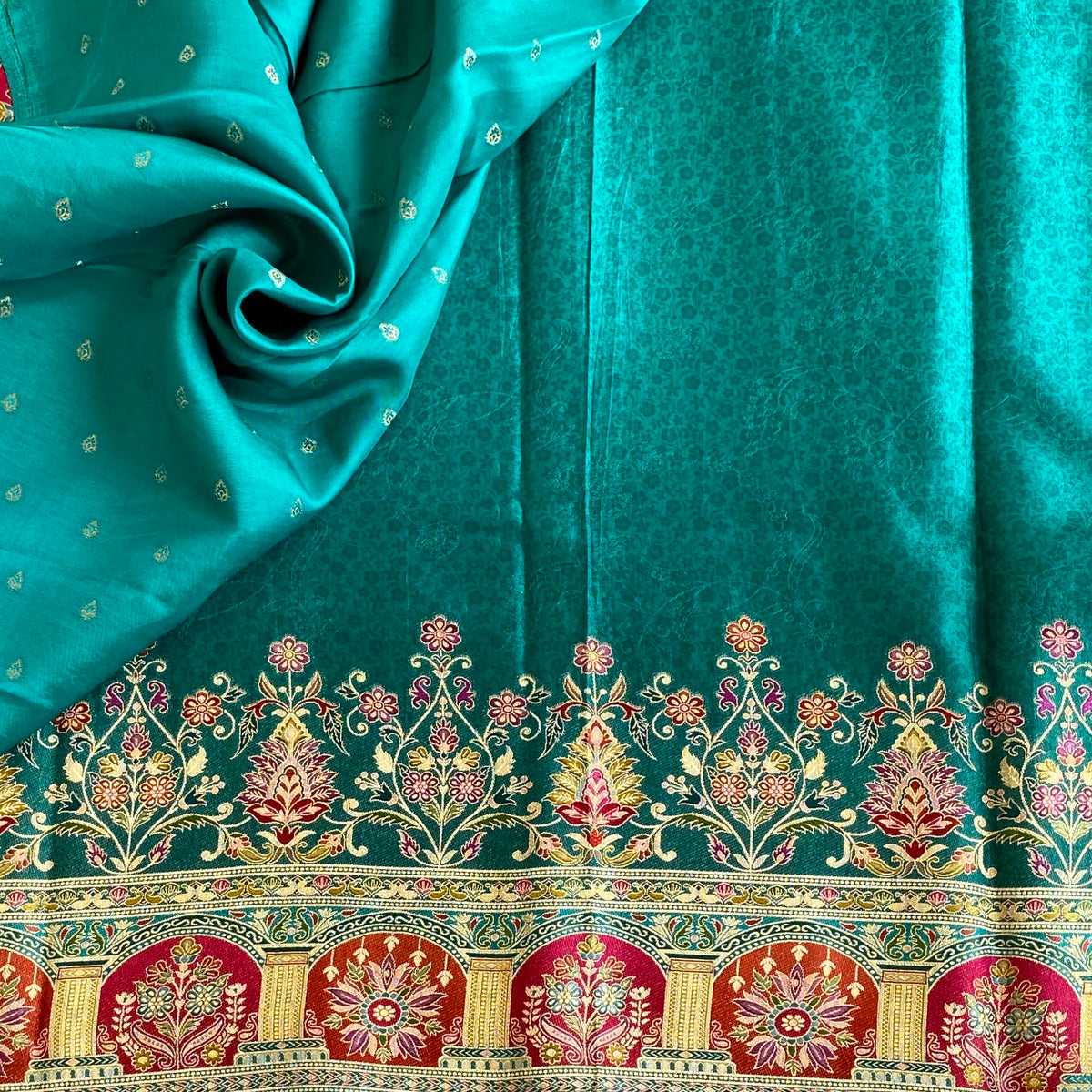 Deep Teal Blue Soft Tussar Silk Saree With Magenta Pallu And Gold Borders