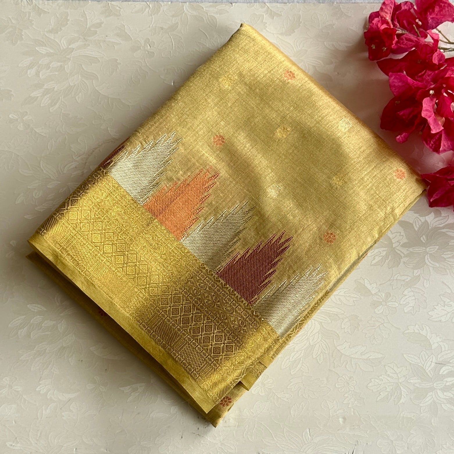 Antique Gold Silk Saree soft tussar silk with temple borders