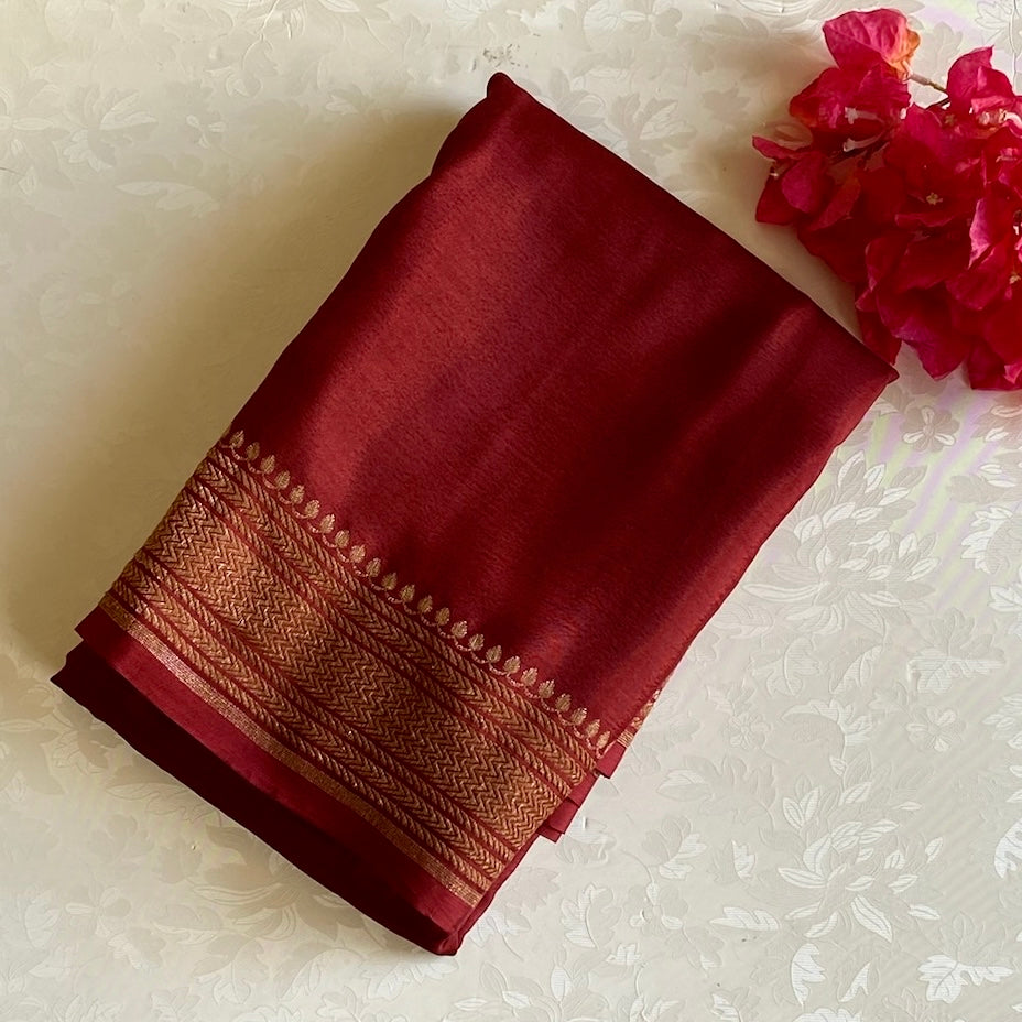 Deep Maroon Banarasi Crepe Silk Saree With Antique Gold Brocade