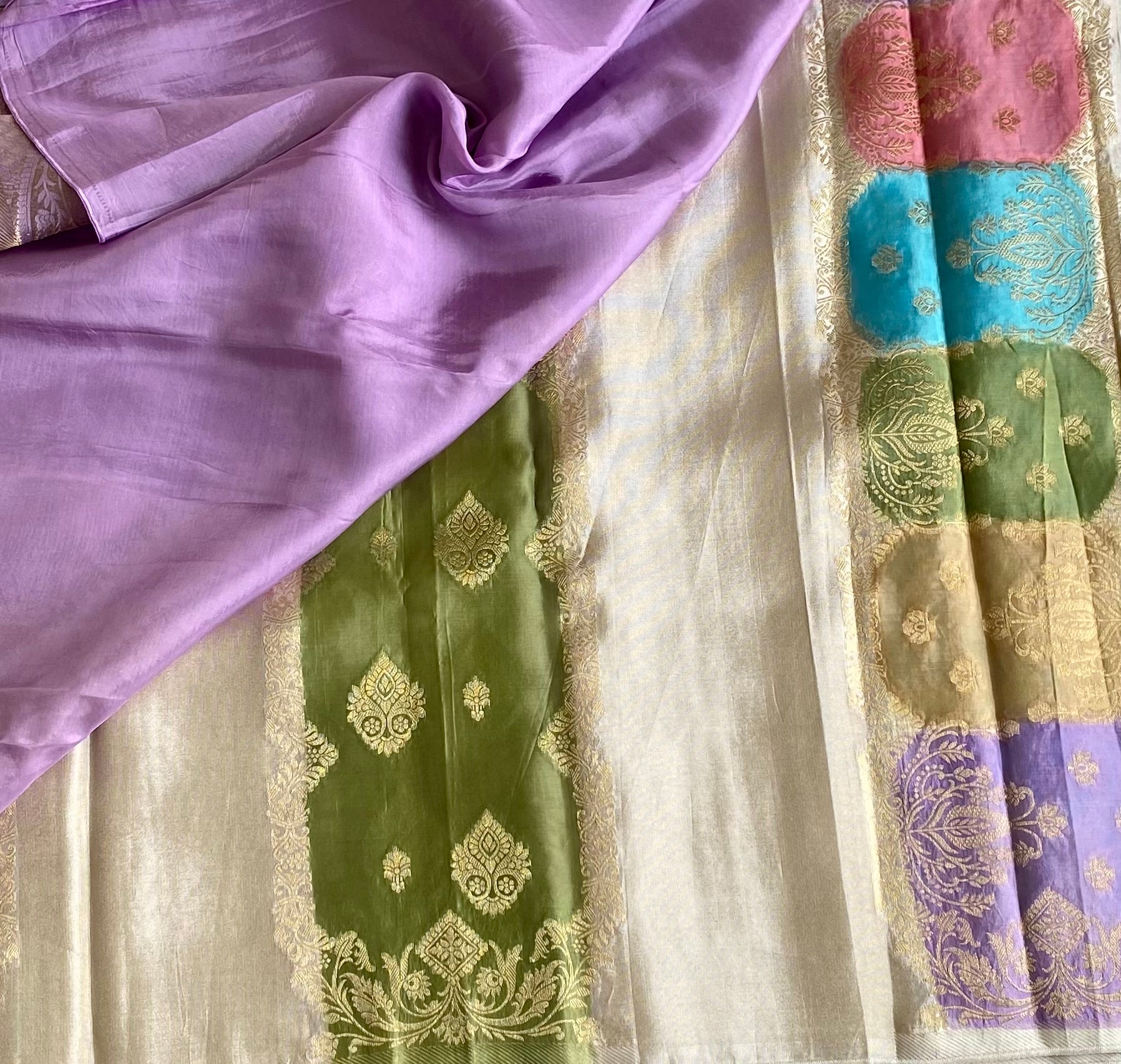 Ivory Multi Shade Soft Crepe Silk Saree With Lavender Purple Pallu