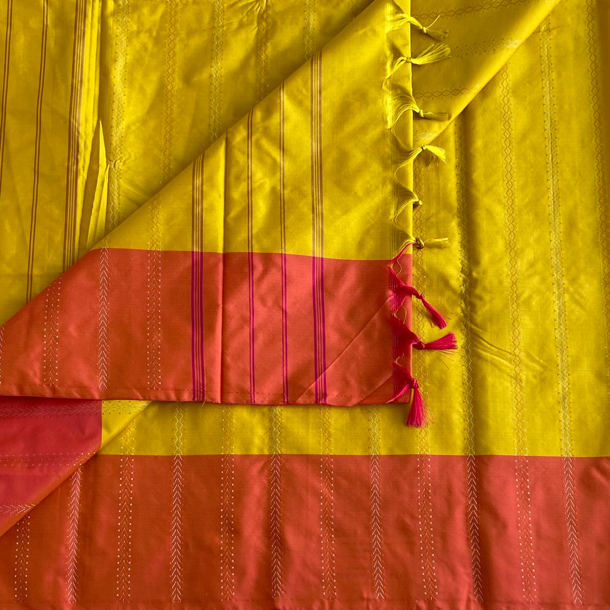 Mustard Yellow Soft Mixed Silk Saree With Coral Pink Pallu