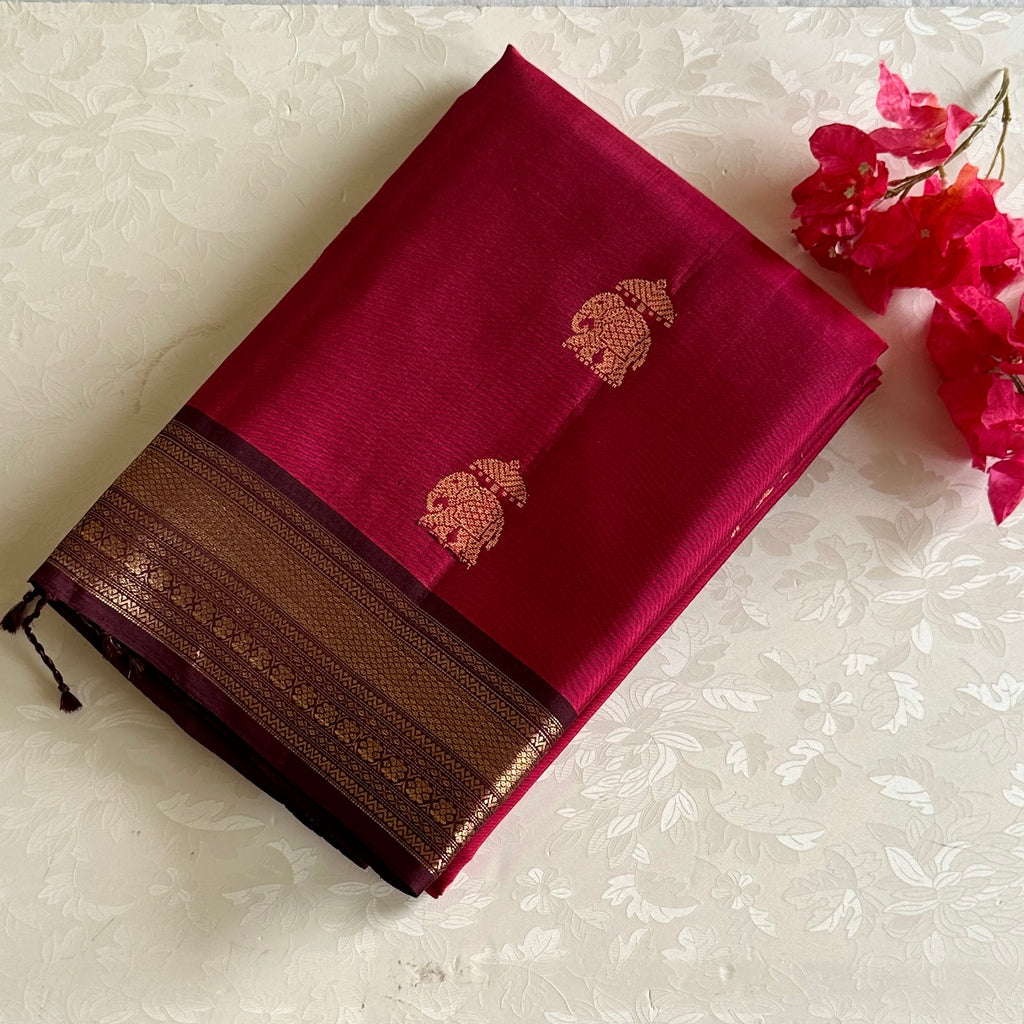 Deep Fuchsia Designer Pure Silk with Wine Antique Gold Zari Border Contrast Pallu