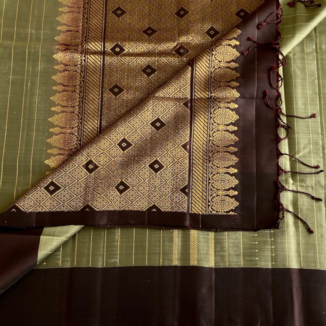 Sage Green Designer Pure Silk Saree With Chocolate Brown Pallu