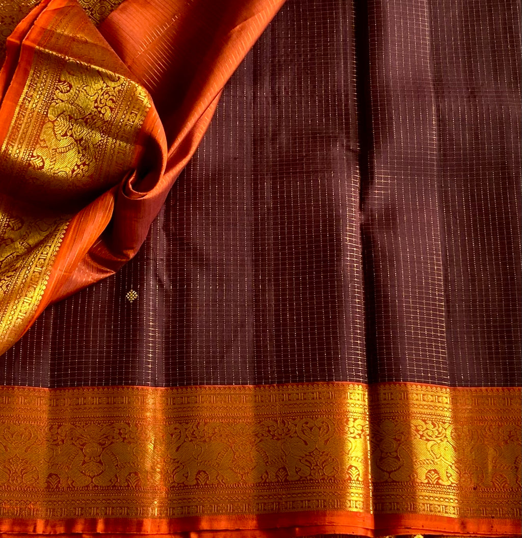 Dark coffee brown with majestic burnt orange tiny checkered Kanjeevaram silk