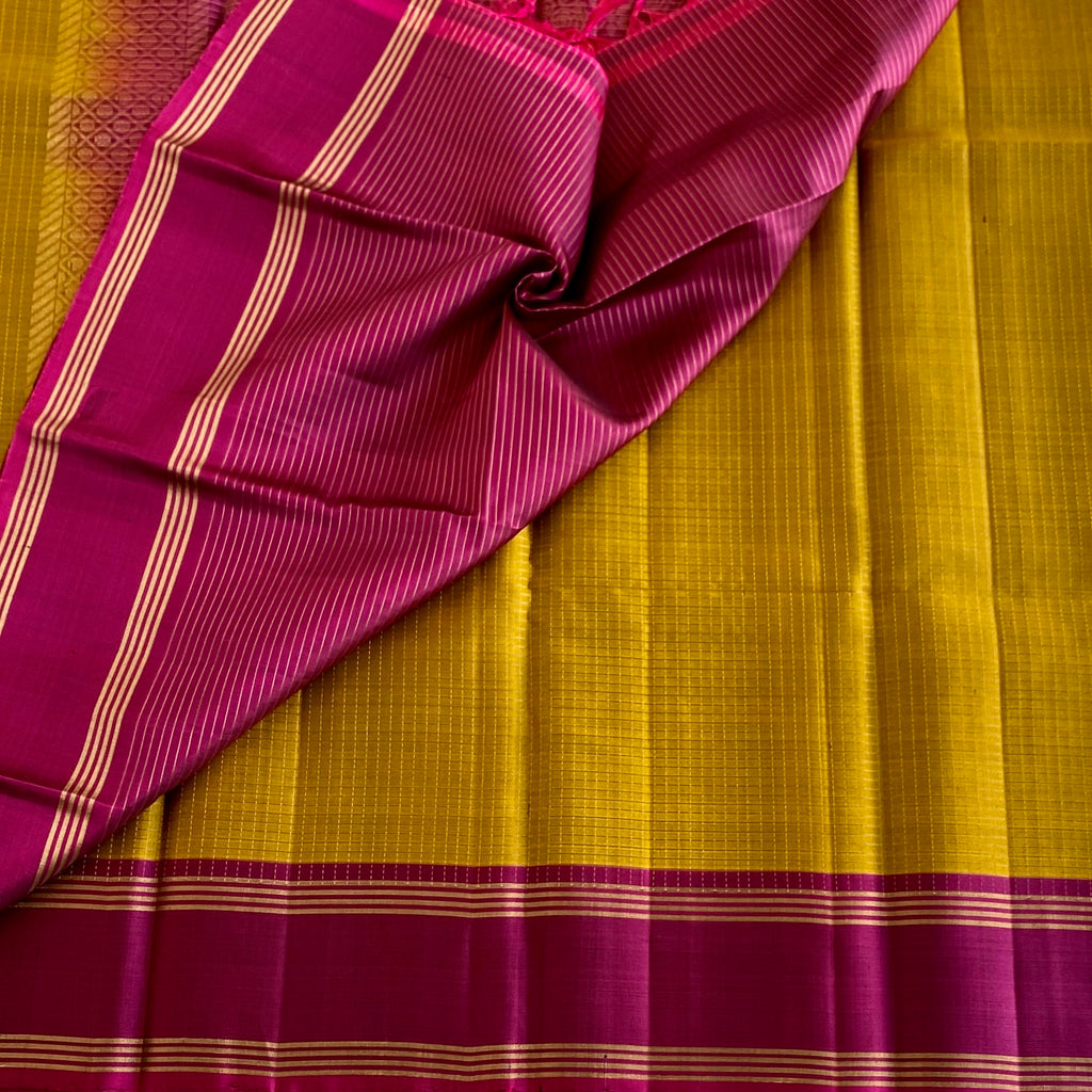 Mustard Yellow Designer Pure Silk Saree With Magenta Pallu