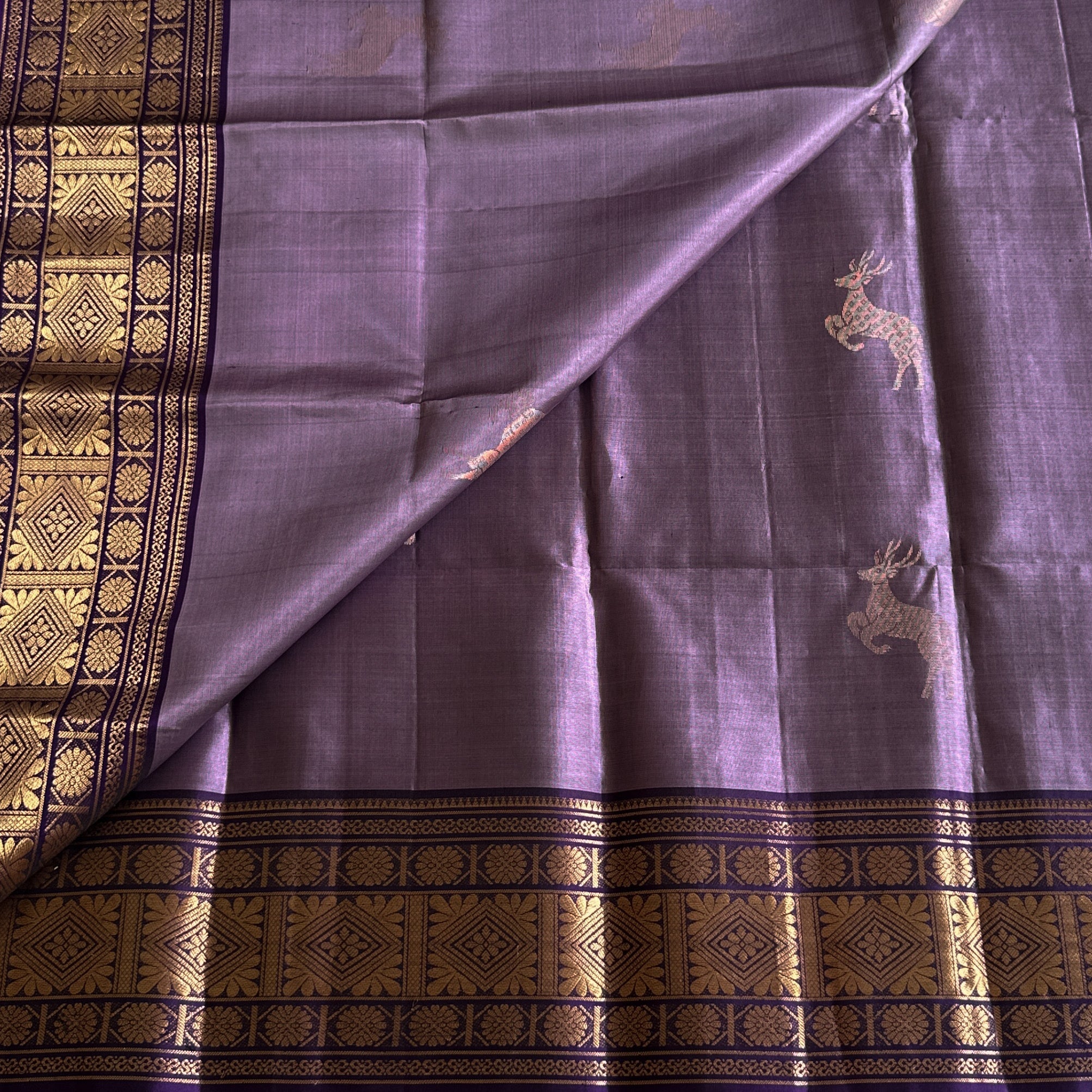 Deep Violet Silk Saree With Gold Zari Brocade Border And Pallu