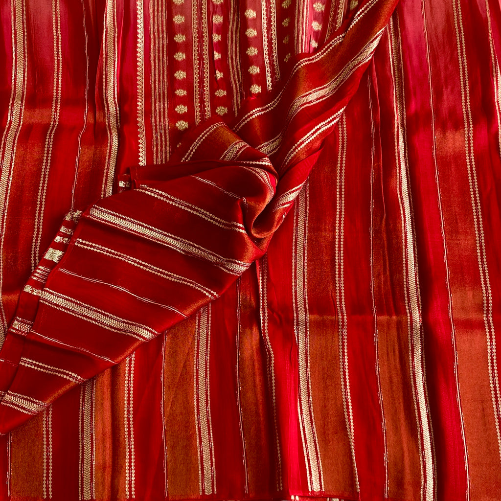 Crimson Red Gold Zari Striped Silk Saree Traditional Wedding Elegant