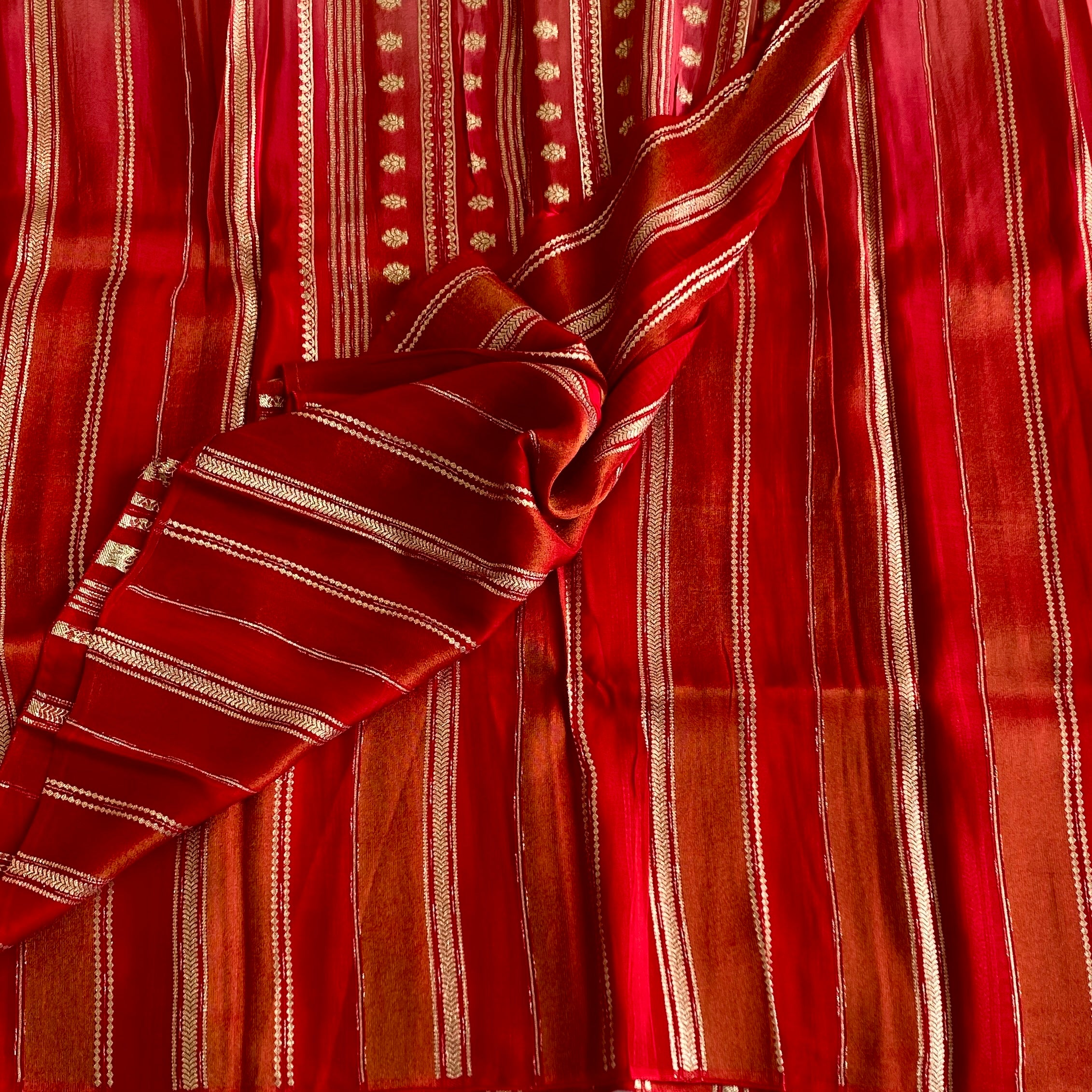 Crimson Red Gold Zari Striped Silk Saree Traditional Wedding Elegant