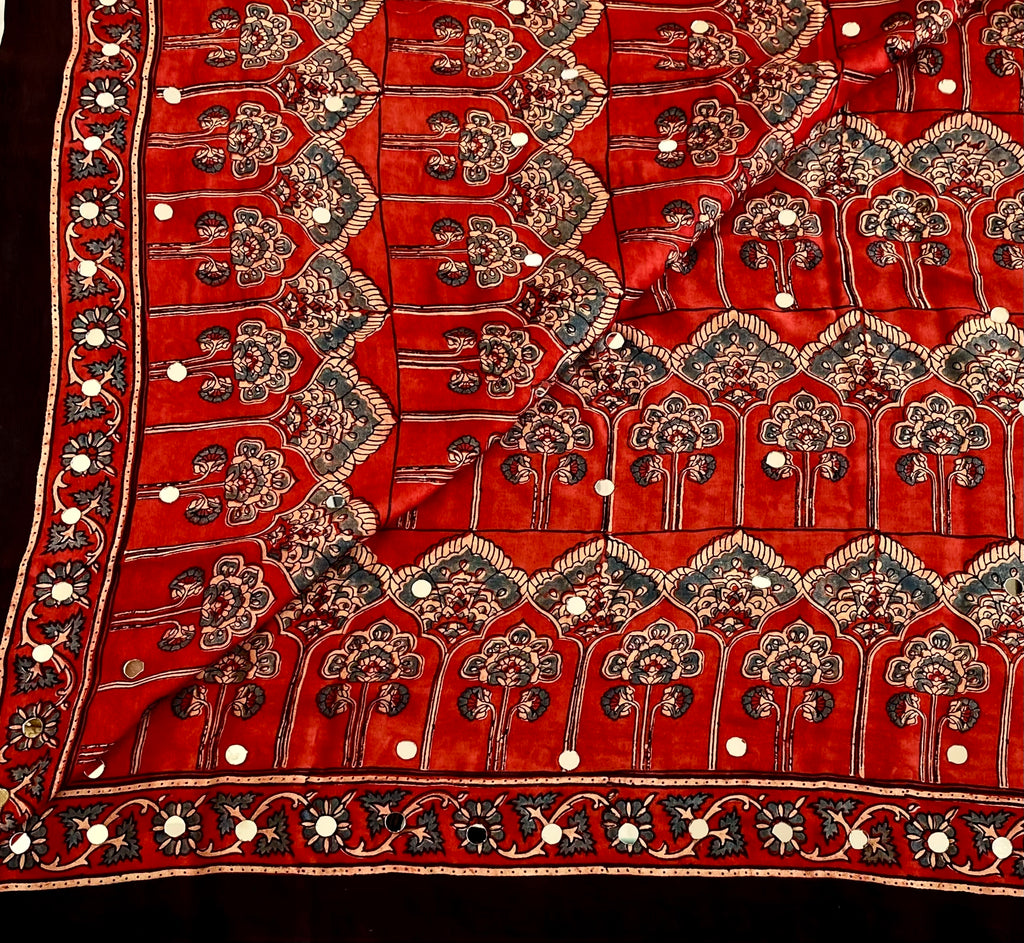 Rich Red Designer Ajrakh Silk With Handcrafted Mirror Work
