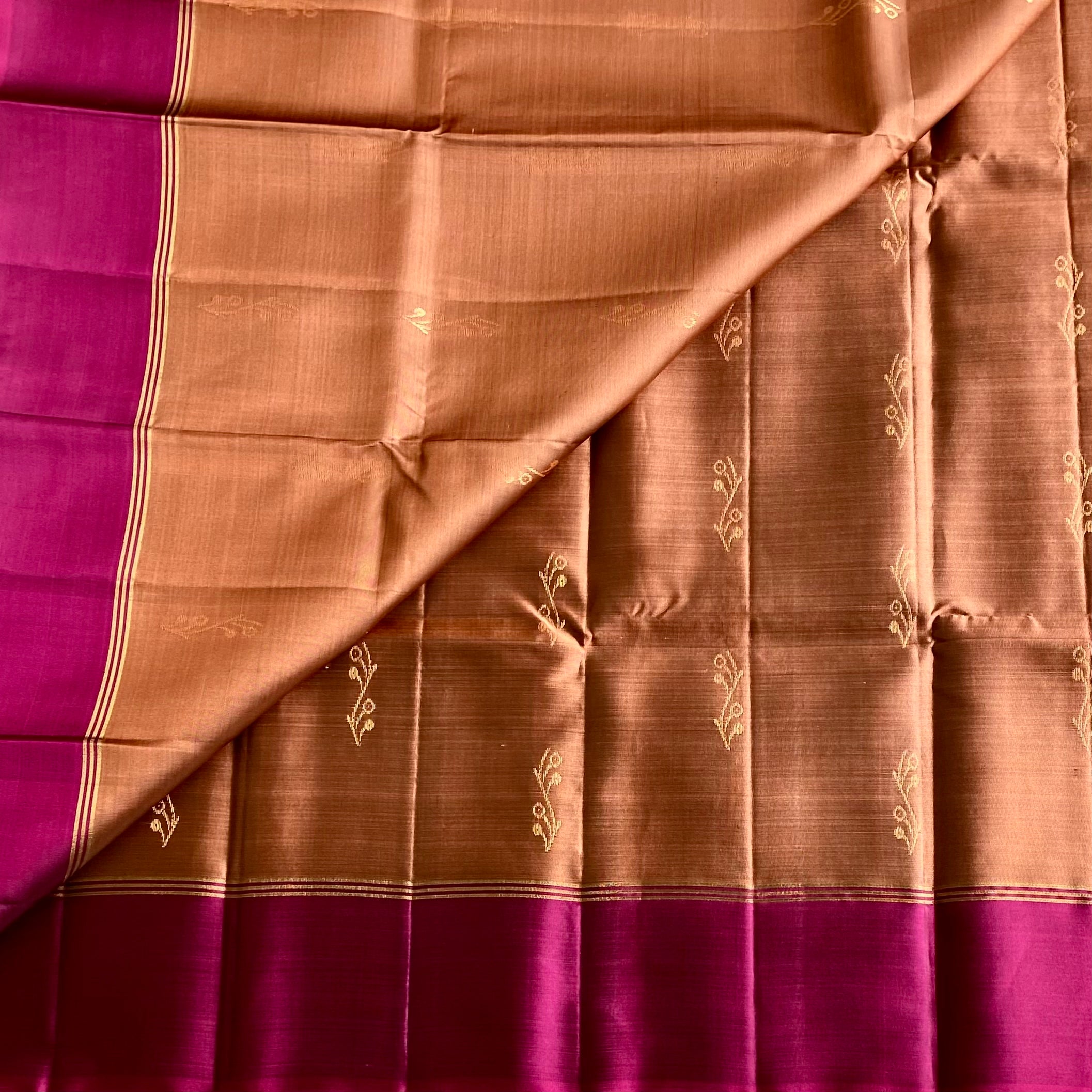 Copper Brown Designer Pure Silk Saree With Deep Magenta  Border