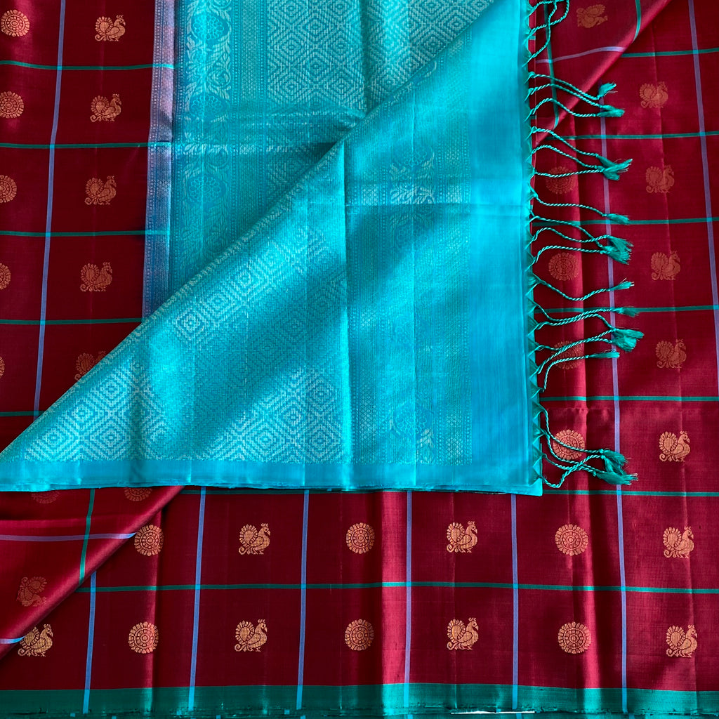 Wine Maroon Designer Pure Silk Saree Peacock Teal Contrast Pallu Zari Border