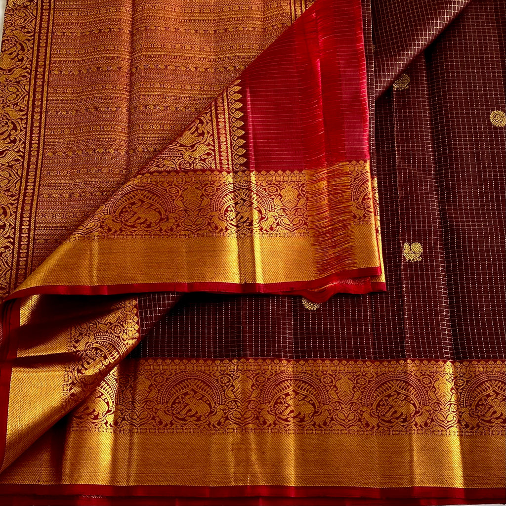Espresso Coffee Maroon Kanjeevaram Pure Zari Silk Saree With Crimson Red Pallu