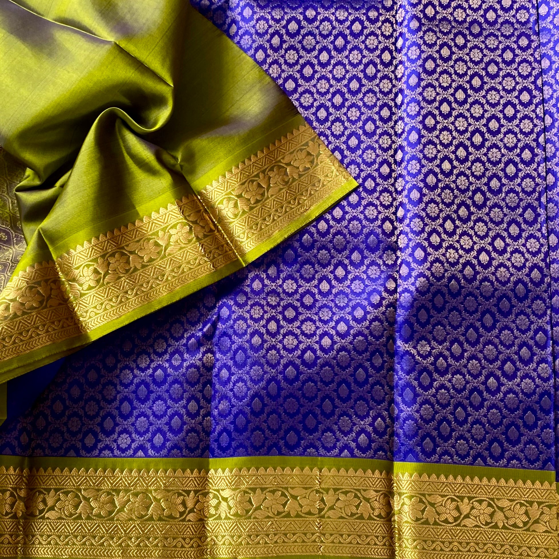 Lime Green Silk Saree Gold Zari Royal Blue Pallu Contrast