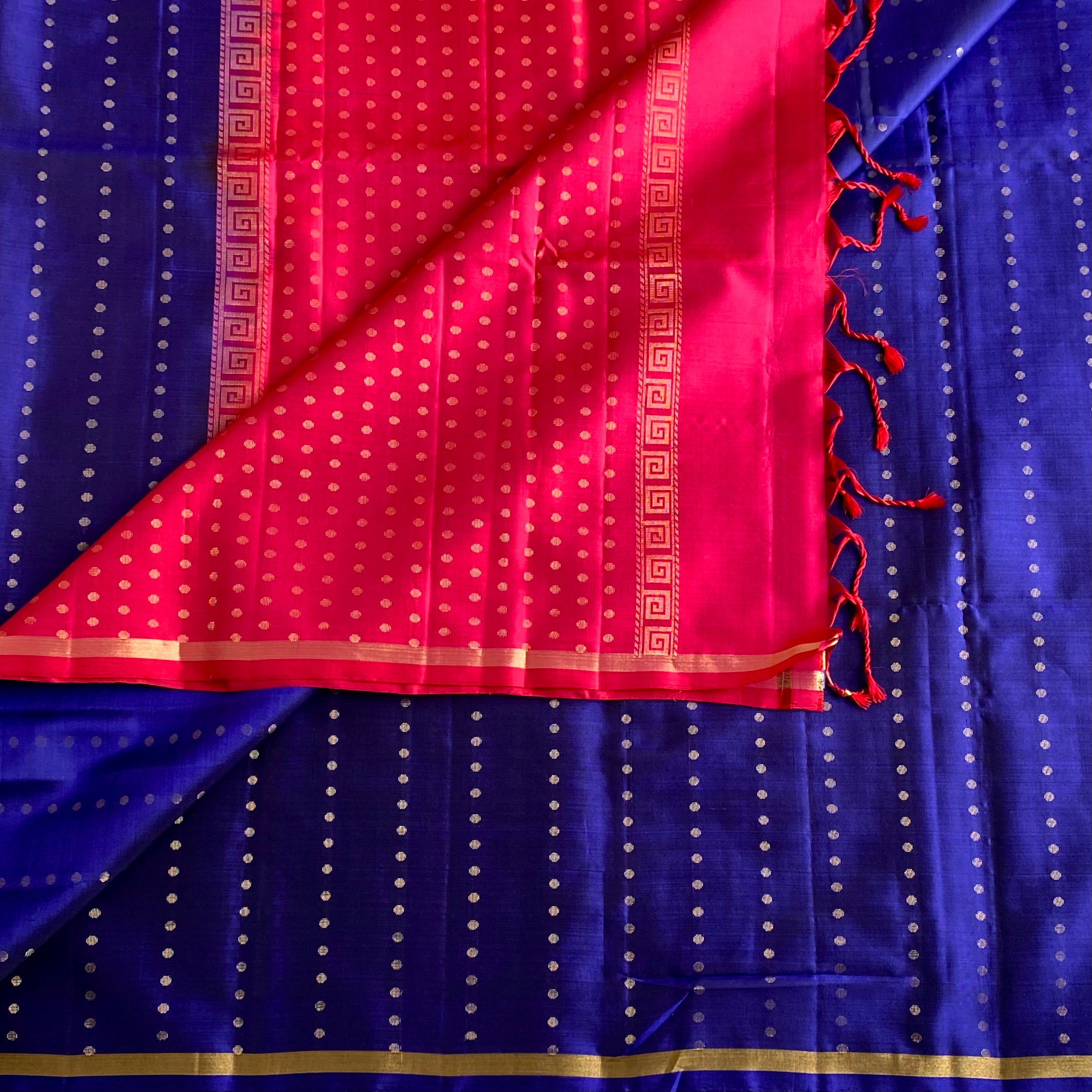 Royal Blue Designer Pure Silk Saree With Rani Pink Pallu