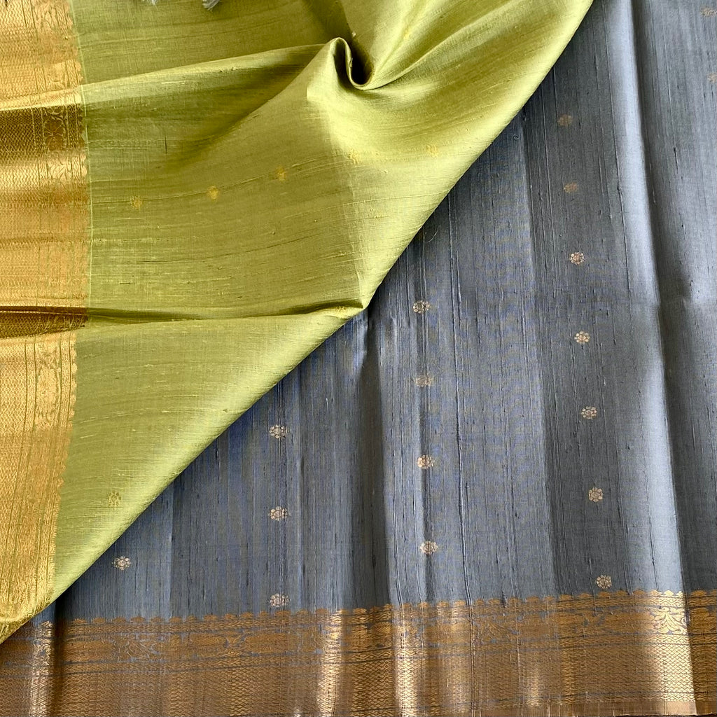 Steel Blue Designer Raw Pure Silk Saree With Antique Gold Pallu & Pastel Green Blouse
