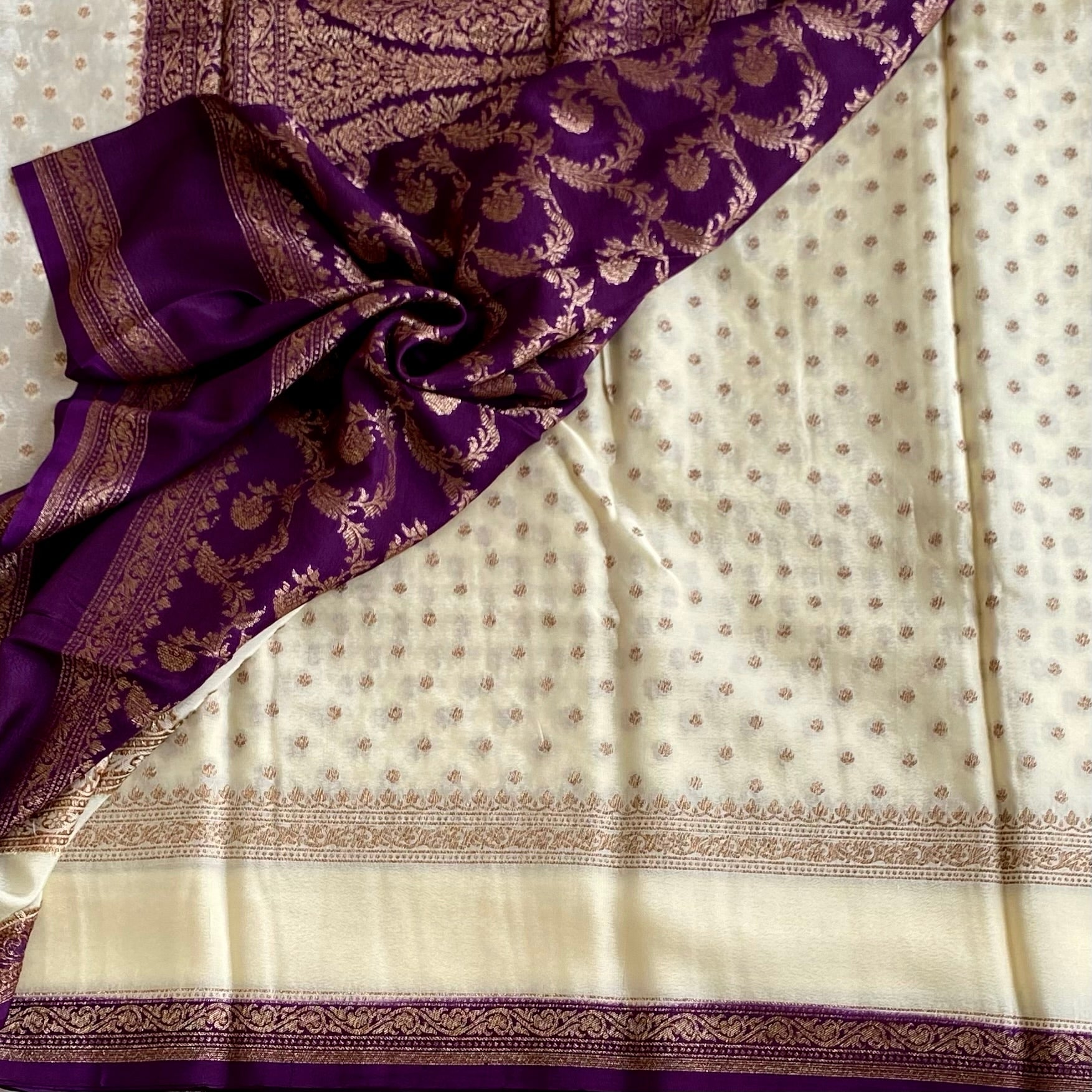 Ivory Banarasi Soft Crepe Silk With Rich Purple Contrast