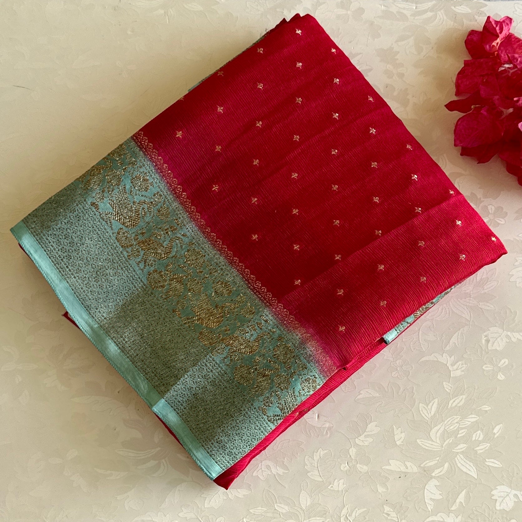 Rani Pink Soft Tussar Silk Saree With Aqua Green Pallu