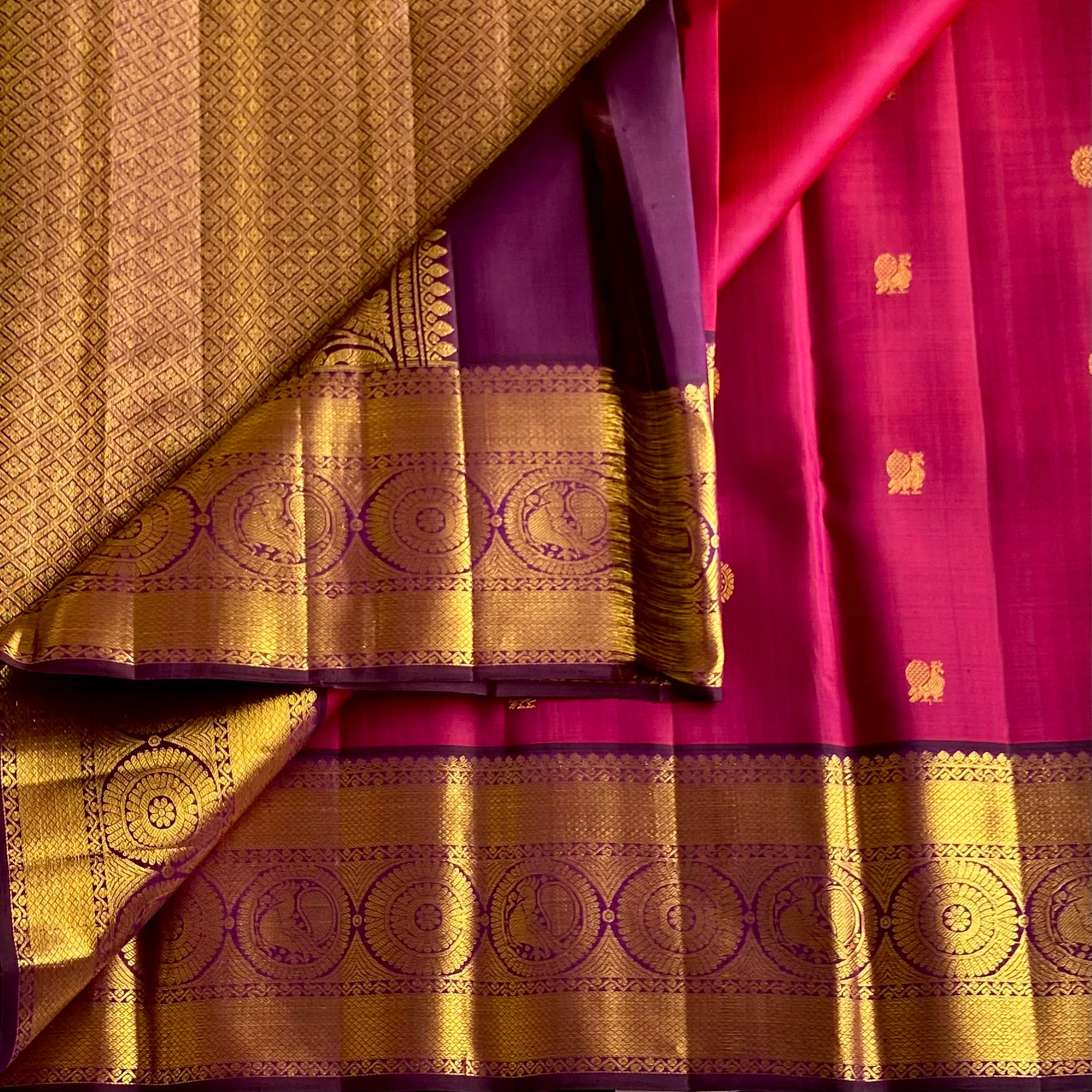 Raspberry Pink With Royal Wine Purple Designer Kanjeevaram Pure Zari Silk