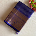 Micro Checkered Designer Pure Silk Royal Blue And Antique Gold Saree With Paisley Pallu