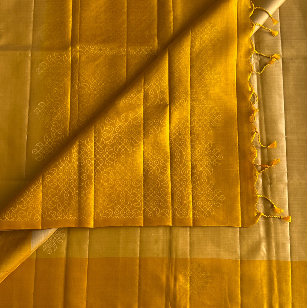 Deep Beige with Mango Yellow Kollam Zari woven Lightweight Pure Silk