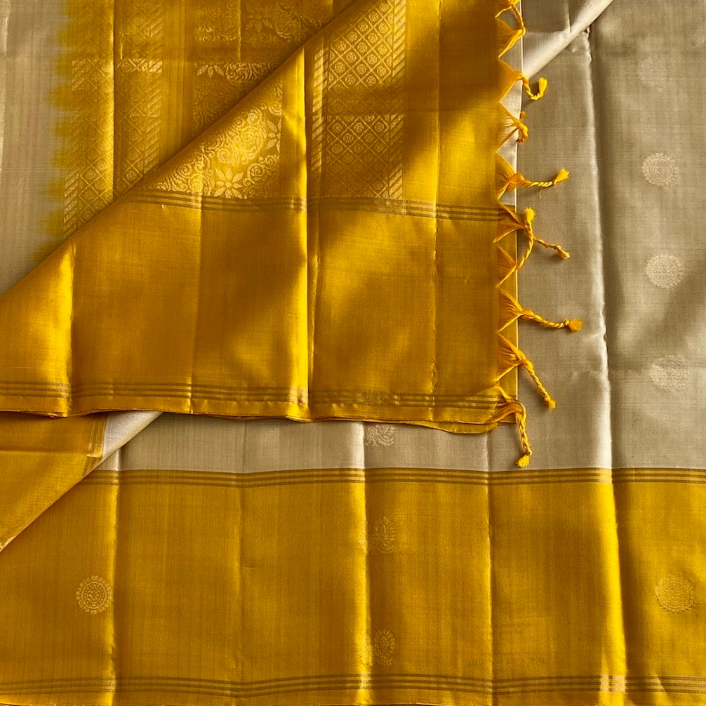Mustard Yellow Designer Pure Silk Saree With Champagne Beige Contrast
