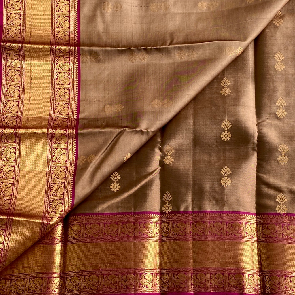Bronze Brown Designer Pure Silk Saree With Deep Magenta Pallu