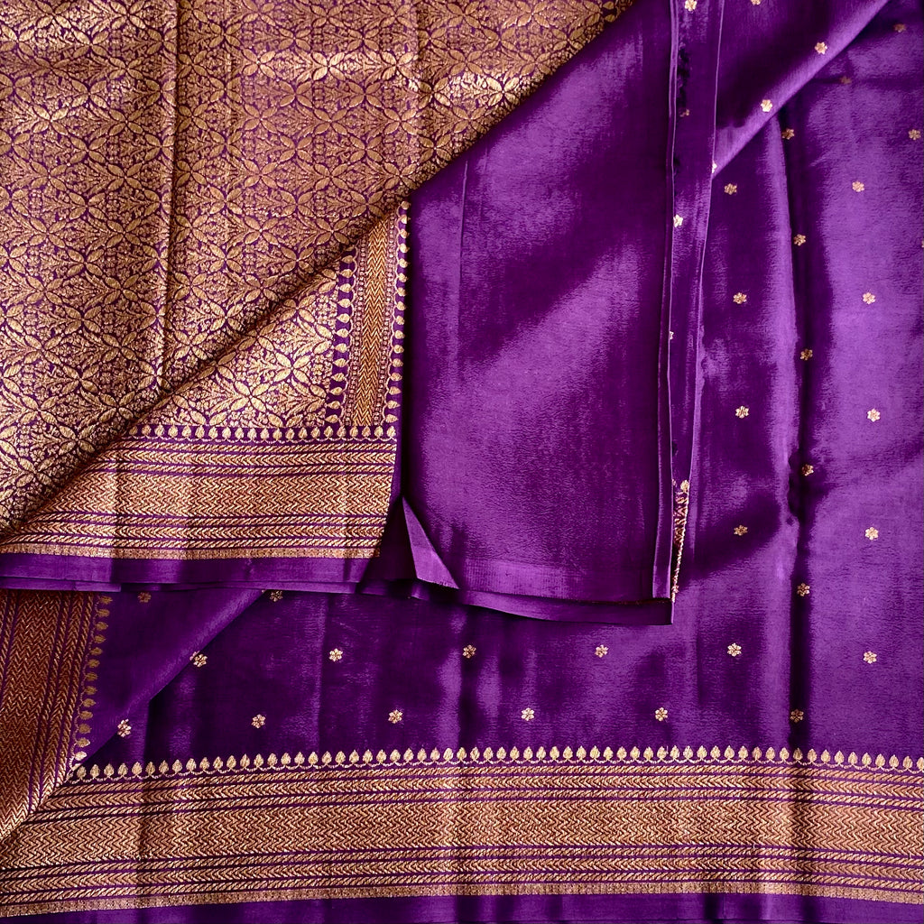 Royal Purple Banarasi Crepe Silk Saree With Antique Gold Pallu