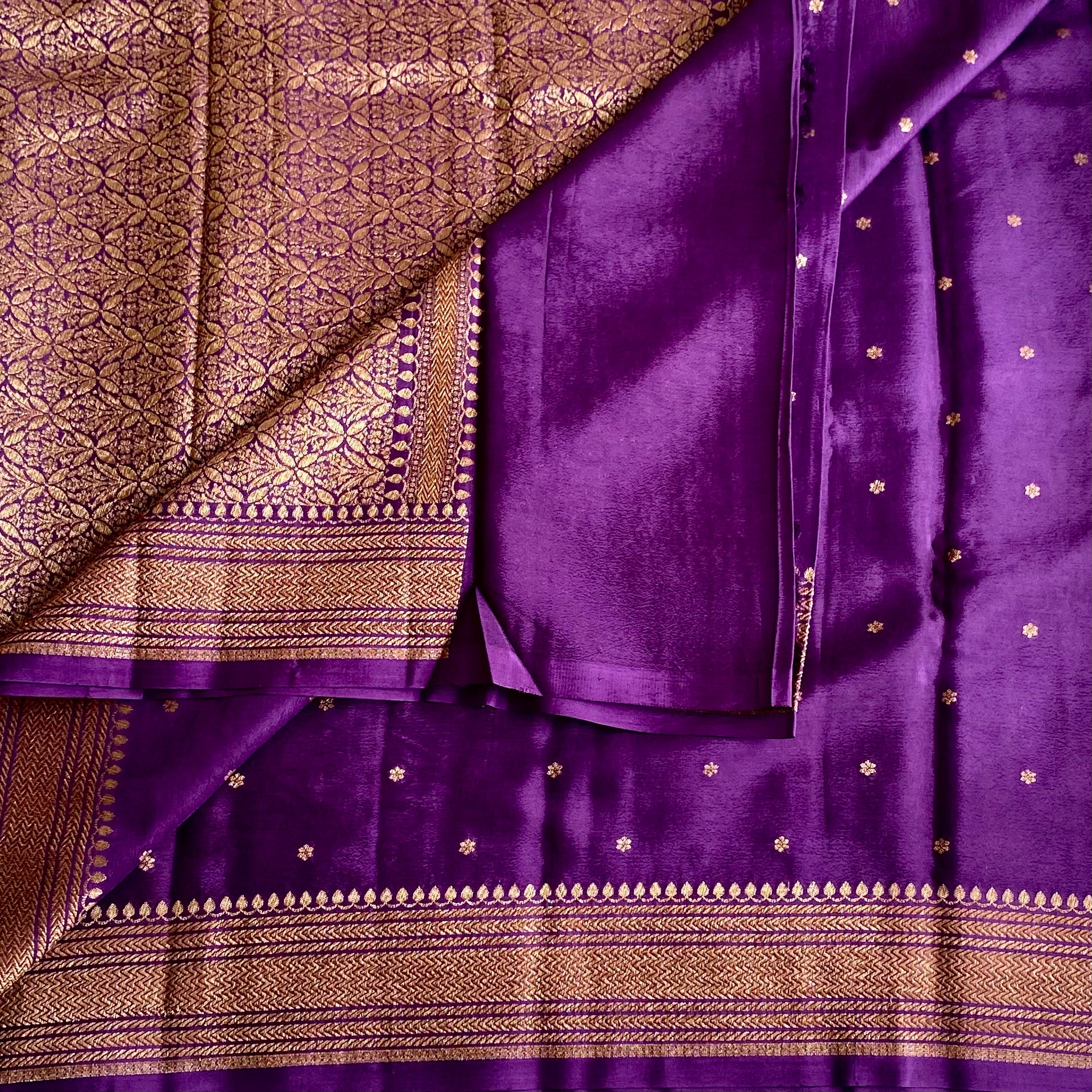 Royal Purple Banarasi Crepe Silk Saree With Antique Gold Pallu
